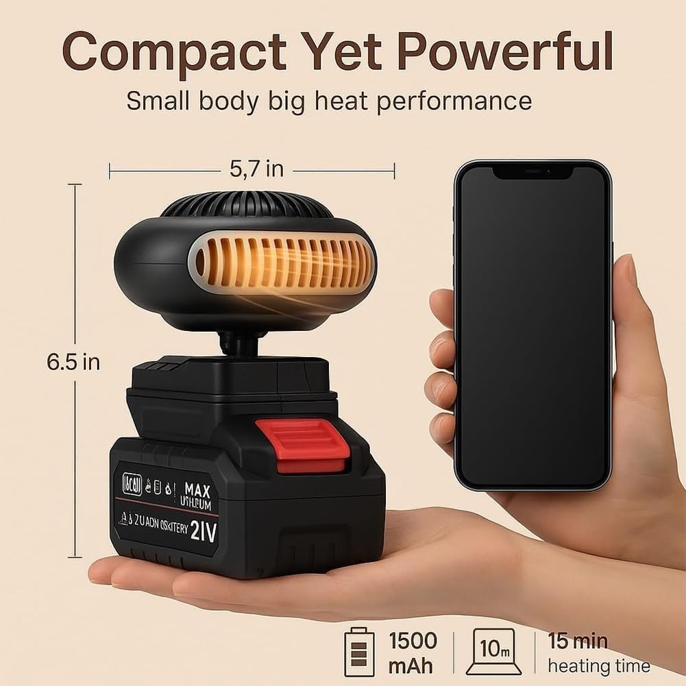 Chauffage a Batterie,Petit Chauffage De Voiture 170 W,,Désembueur De Vitres De Voiture Sans Fil Avec Piles, Pour Camping-Car, Tente, Voiture, Tricycle électrique, Bureau (1*battery, One Size)