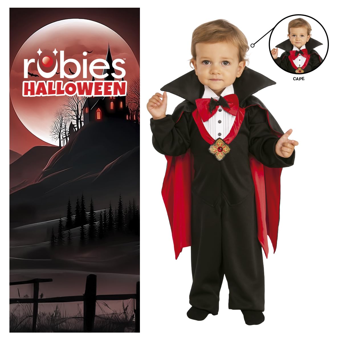 Rubies Costume Dracula per bambini, Abito con papillon rosso e mantello con alza-collo, Costumi halloween bambino, neonato, carnevale e compleanni