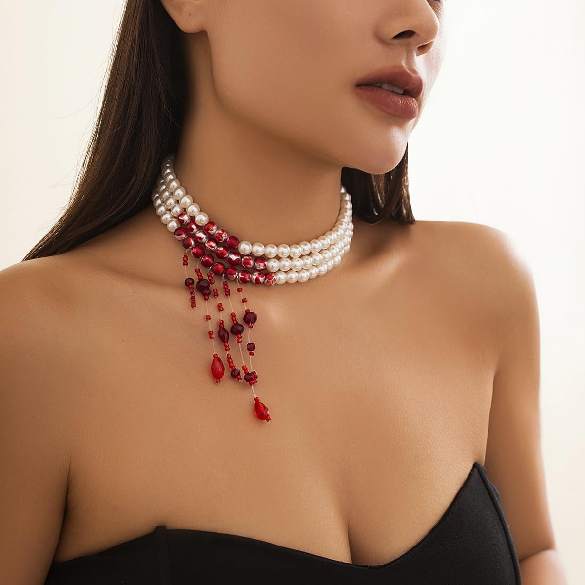 Gothic Blood Pearl Choker Necklace for Women Vintage Bleeding Rose Flower Necklace Adjustable Dripping Bloody Layered Pearls Necklaces Goth Vampire Blood Drip Necklaces Halloween Birthday Party Jewelry - Image 3