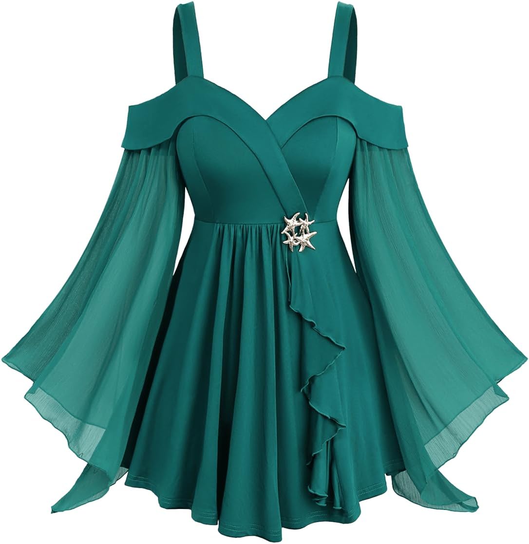 ROSE GAL Plus Size Women Elagant Fall T-Shirt Cold Shoulder Ruffle Long Bell Sleeve Swing Top