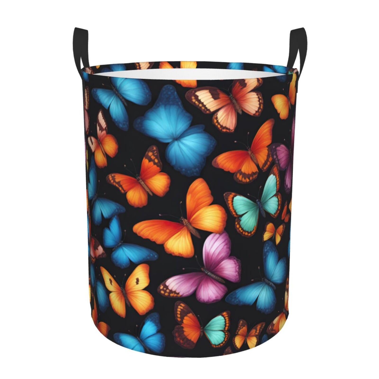 M Collapsible Laundry Hamper Round Colorful Butterfly Print Storage