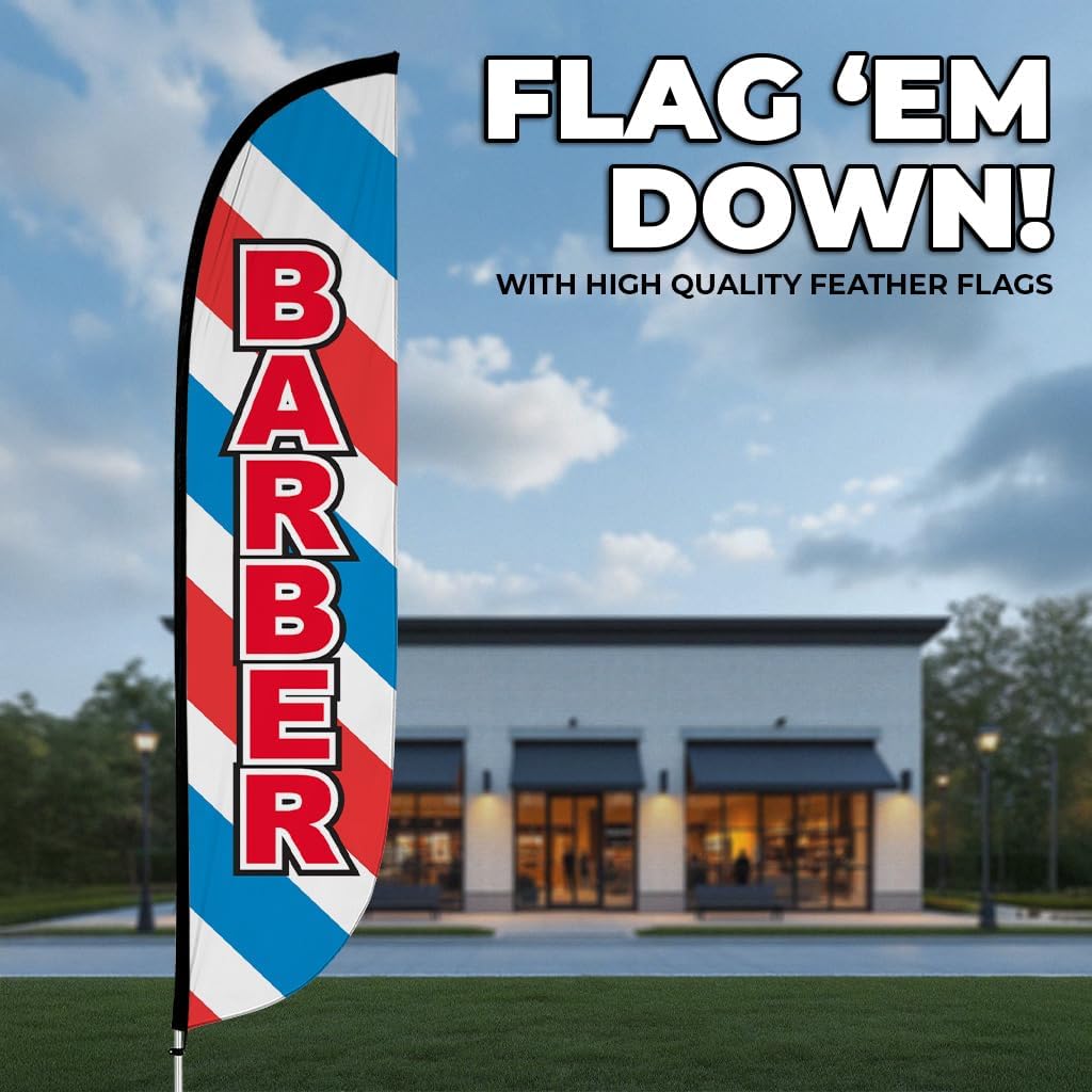 LookOurWay Feather Flag Pole Kit - 12 Feet Tall Advertising Flag Banner with Fiberglass Pole Kit and Ground Spike for Business Promotion - Business Flags - Barber (10M1200307)