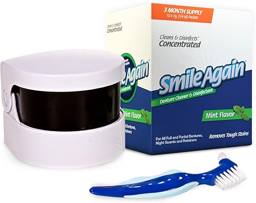 Smile Again Kit de cuidado, dentadura, retenedor y alineador paquete de cuidado y limpieza con limpiador ultrasónico de dentadura y retenedor,