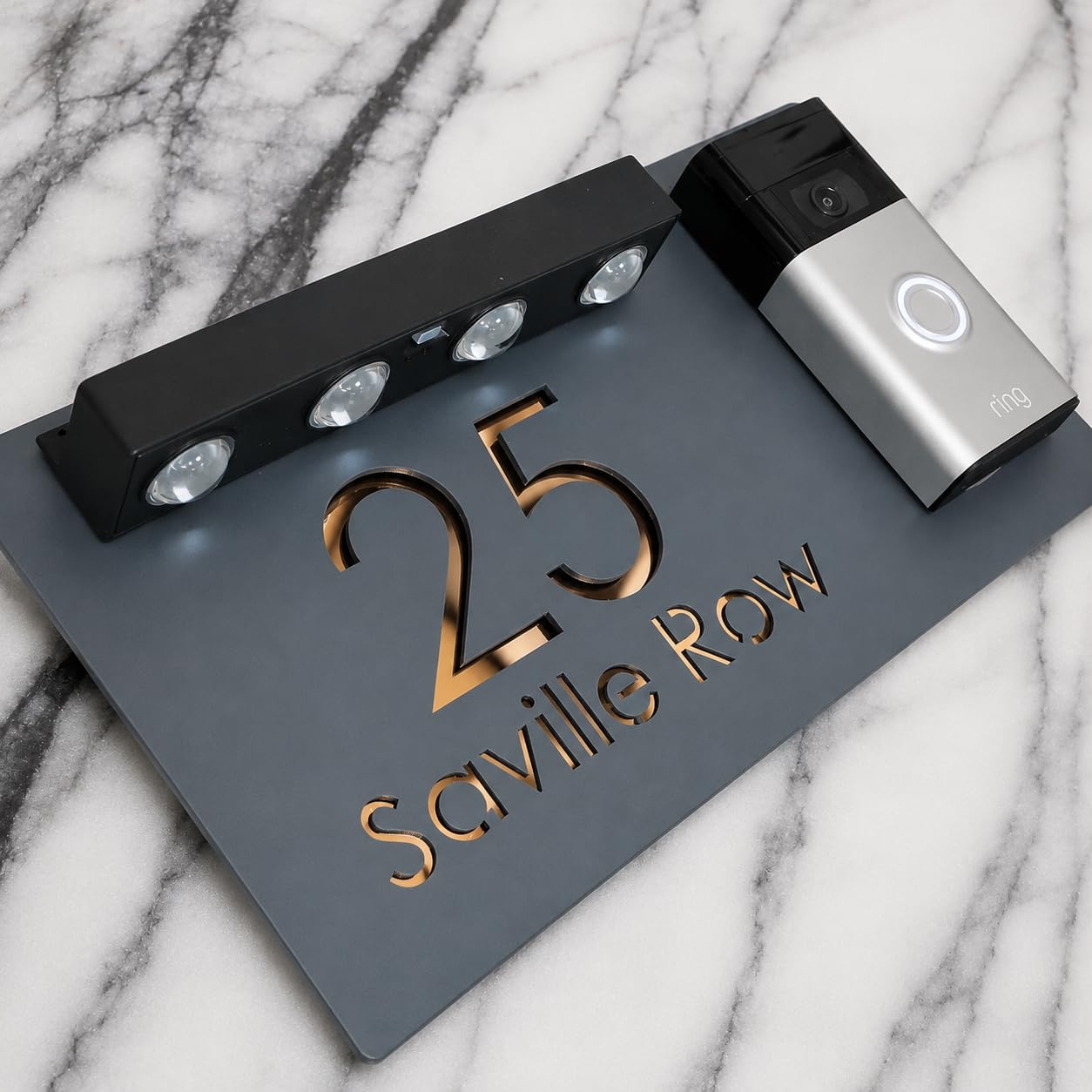 K Smart Sign | Bellissima LED DOORBELL F31 | Contemporary Customised House Video Doorbell Solar LED Signs 3d Door Numbers Street Address Number Plaques | 300mm x 160mm (Matt Grey & Copper Mirror)