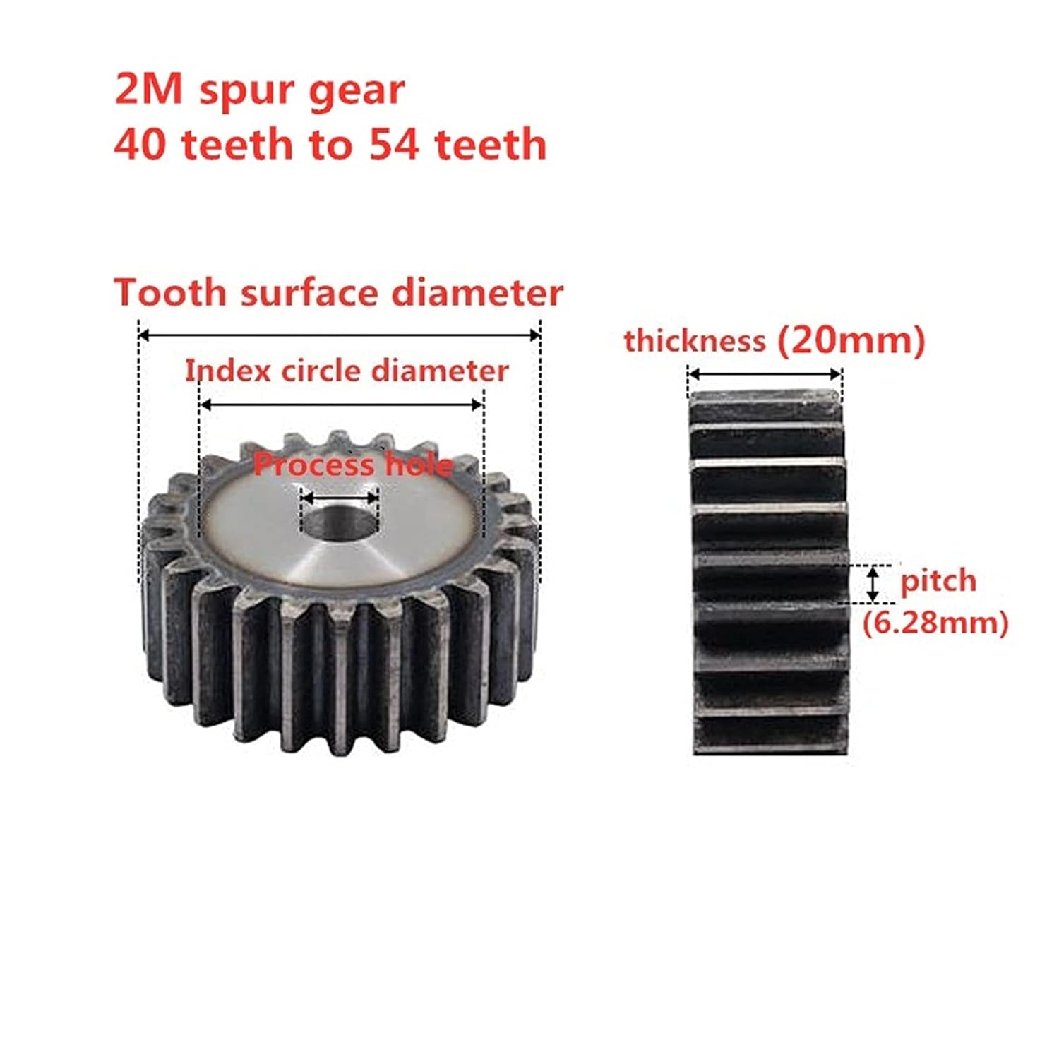 Spur Gear 40-54 Teeth 2 Module 20mm 45 Steel Surface Hardened 20 Degree Pressure Angle(49 Teeth)