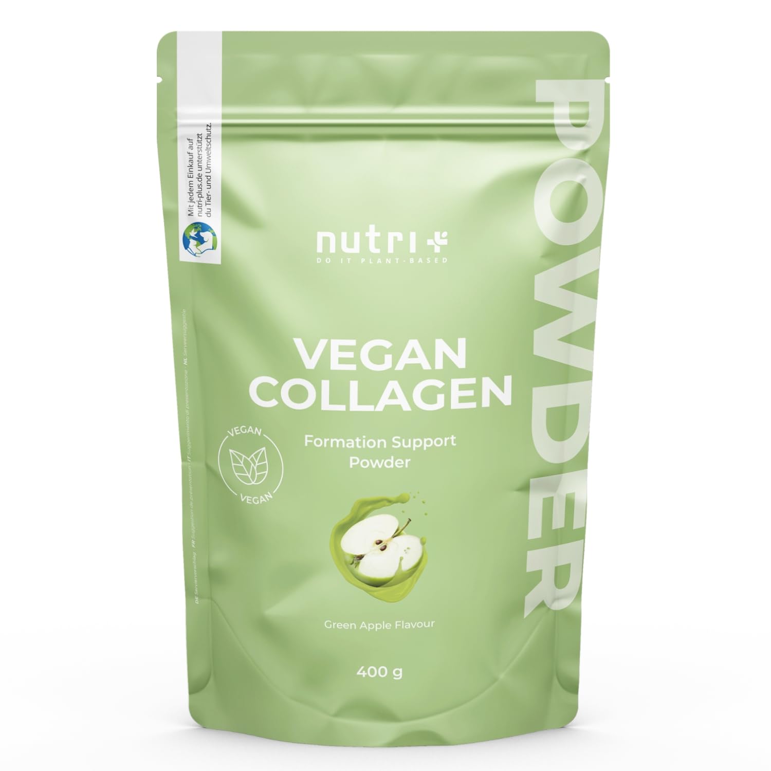 Nutri + Vegan Collagen Pulver Formation Support - für Kollagenbildung - mit Hyaluronsäure + Vitamin C für Haut, Haare, Nägel - 400 g Grüner Apfel
