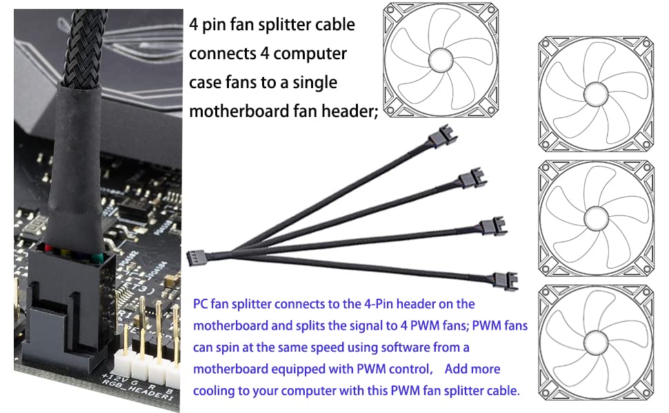 Image of 3 Way 4 Pin PWM Fan Splitter,Adapter Cable Sleeved Braided Y Splitter PC 4 Pin Fan Extension Power Cable 1to2,1 to 3 ,1to4,Converter for Computer ATX Case Cooling Fan Cable