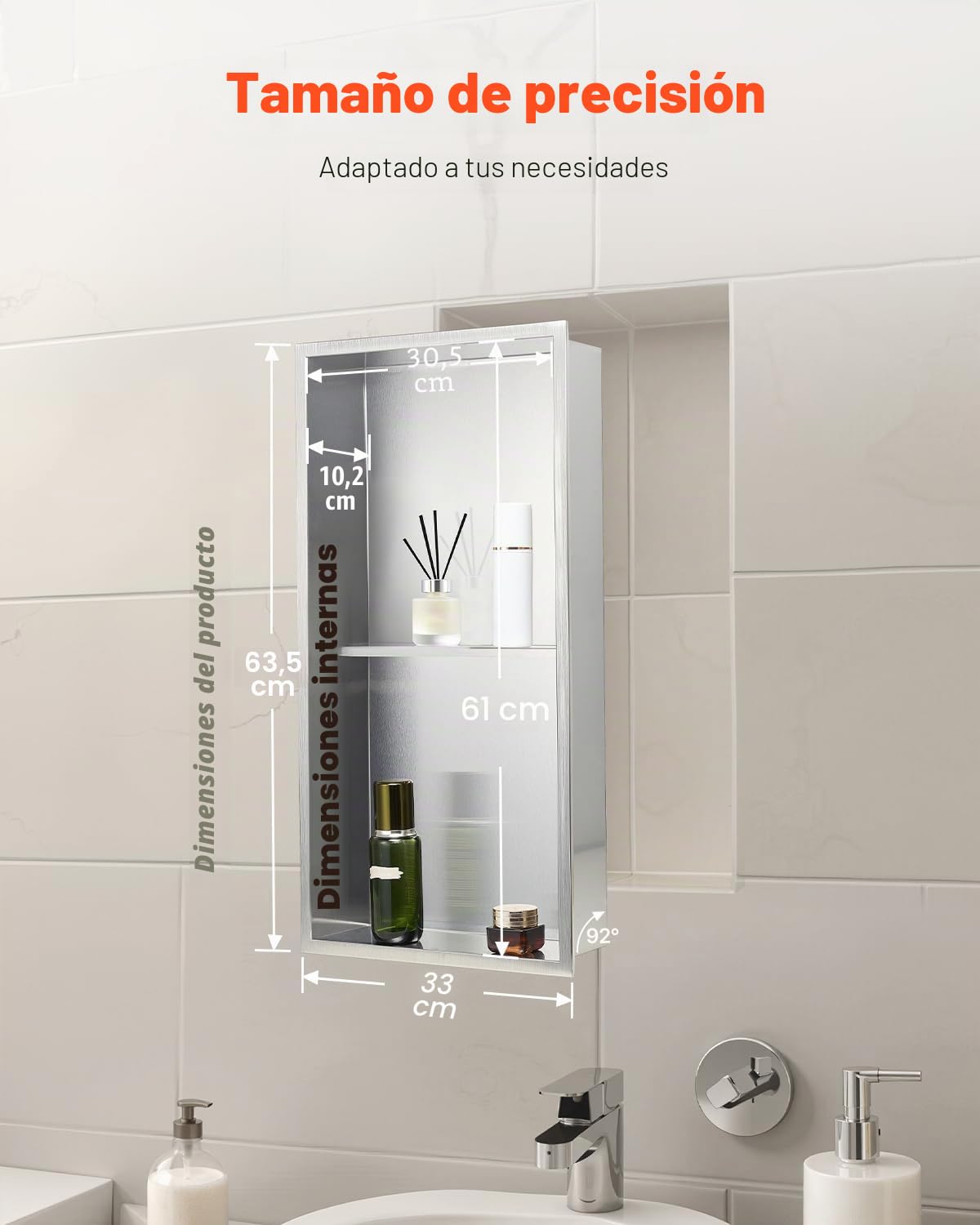 VEVOR Nicho de Ducha Empotrado 33x63,5x10,2 cm Estante Divisor de Pared de Acero Inoxidable Organizador de Jabón y Champú con Marco Sellado Impermeable Duradero Fácil de Instalar para Baño, Plata