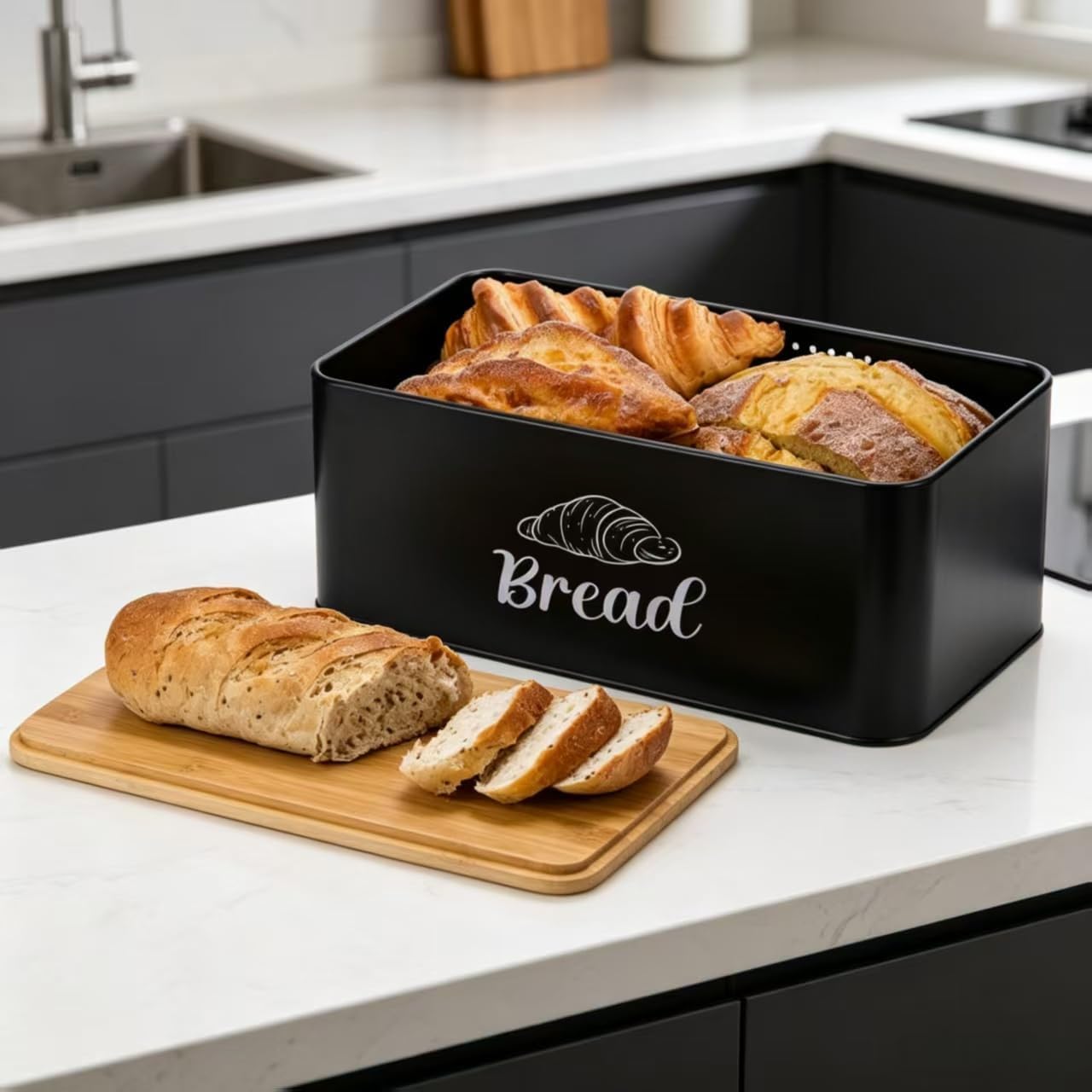 4 Pieces Bread box canister set for the Kitchen, Farmhouse Coffee Tea Sugar storage Container set with Bamboo Cutting Board Lid (Black)