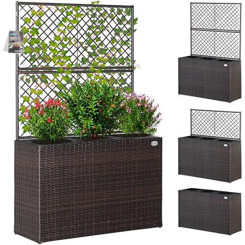 CASARIA® Large Rattan Garden Trough Planter With Trellis, 3 Pots, Raised Bed, Plant Pots Indoor or Outdoor, Plant Pots, Plant Pot for Outdoor Garden Patio, Growing Climbing Frame Support | Brown