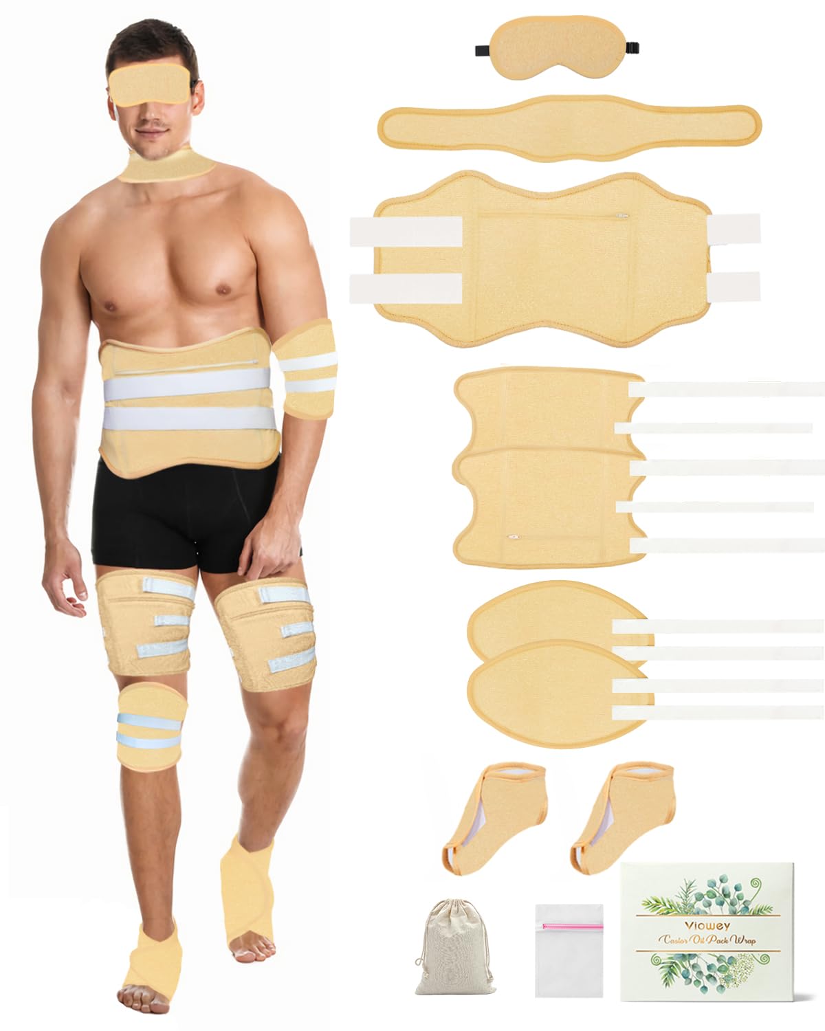 11 PCS Castor Oil Pack Wrap for Men, Castor Oil Wraps for Entire Body Plus Size, Castor Oil Pads Set for Eyes Stomach Knees Legs Feet, Flannel Cotton, Adjustable Straps, Reusable, Machine Washable