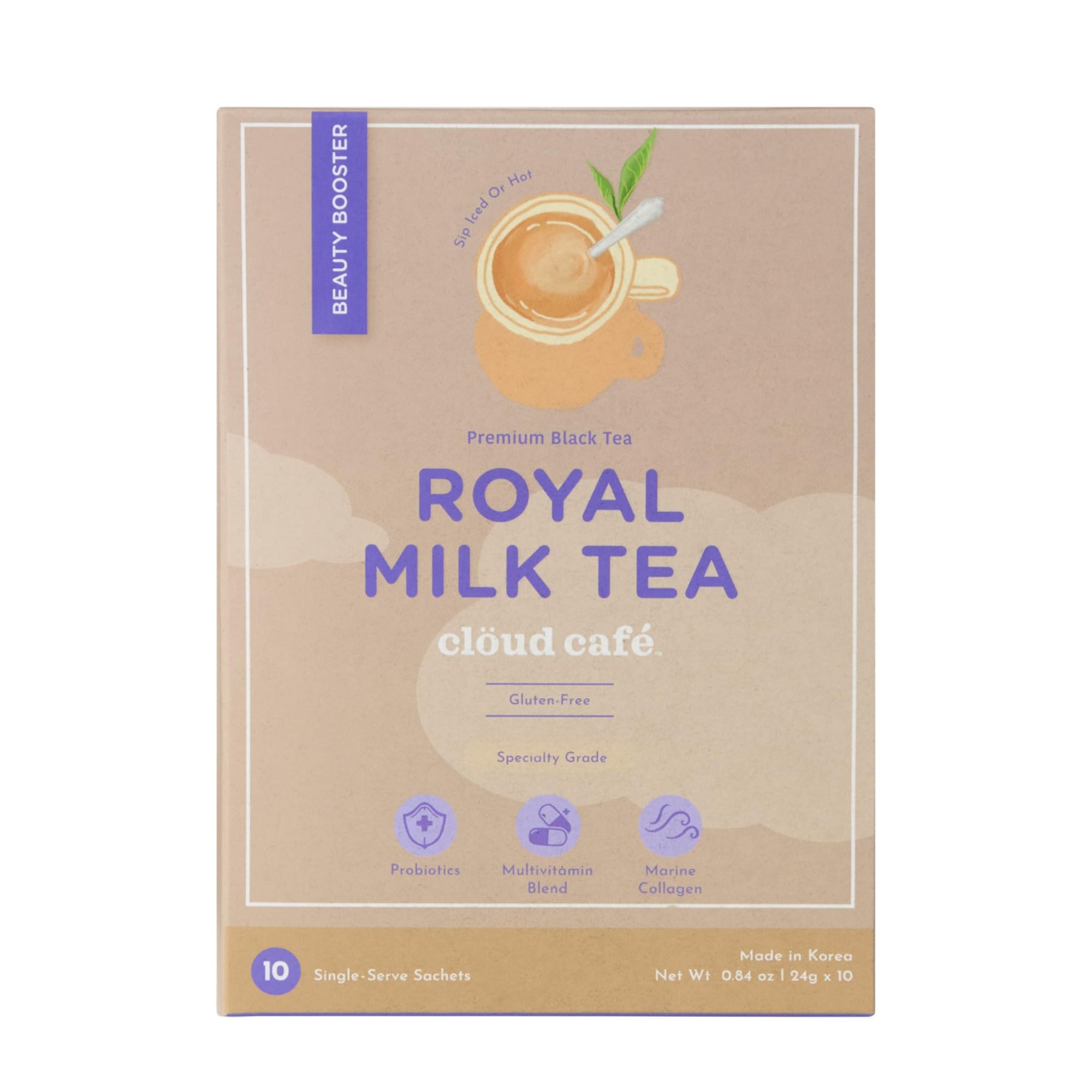 Collagen Infused Royal Milk Tea Instant Tea Powder - Probiotics for Digestive Health, Multivitamin, & Marine Collagen Powder (10 Sachets)