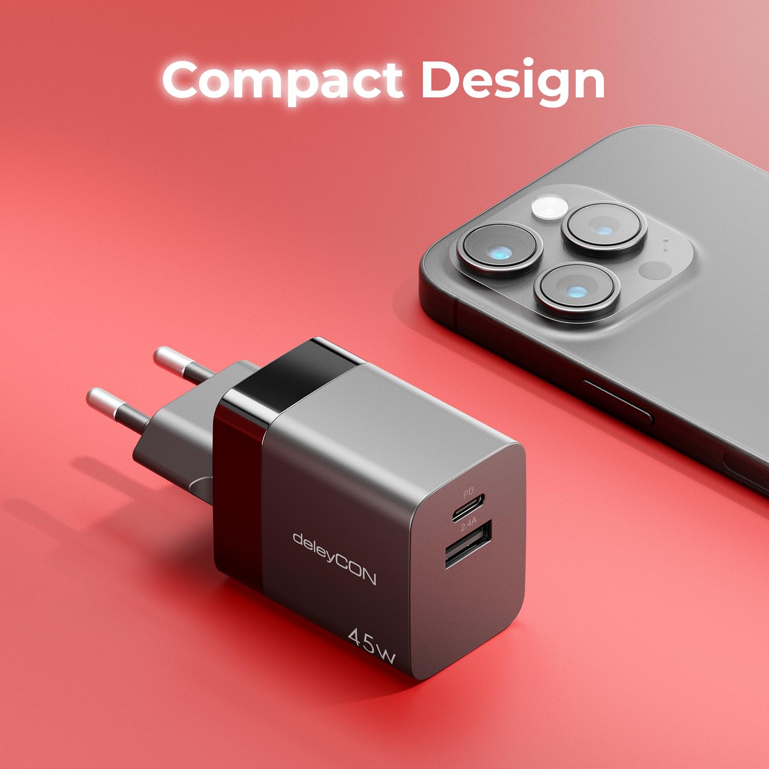 deleyCON Ładowarka USB-A i C (2 Porty - Ładowarka do Szybkiego Ładowania 45 W) Zasilacz USB do iPhone'a 17 16/15/14/13, Galaxy S25/S24/S23, Pixel Handy, iPada, Tabletu, Laptopa, Notebooka - Czarna