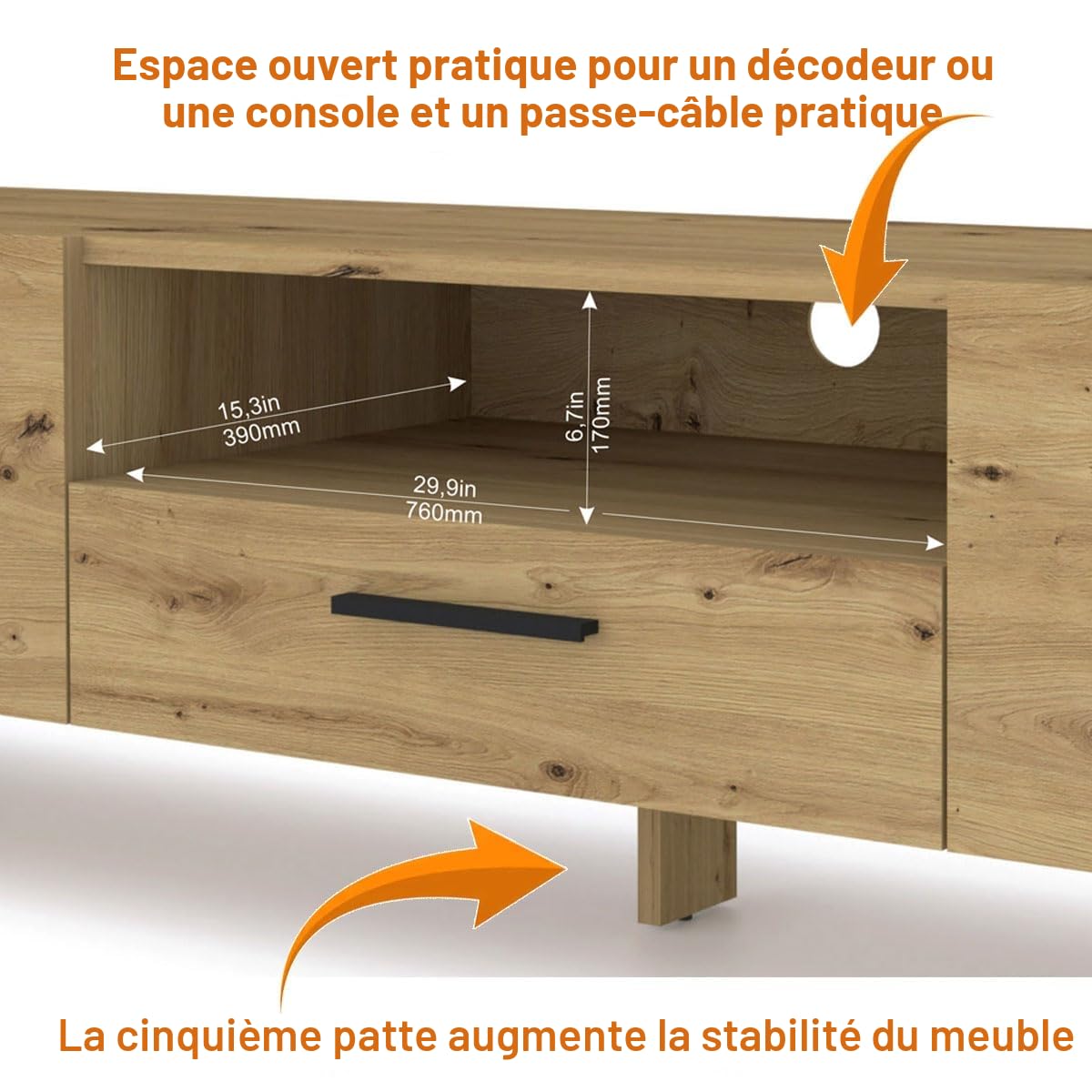 Meuble TV pour téléviseur jusqu'à 70" Moderne, 3 Portes idéal pour Salon Chambre, Banc TV,1 Niche Ouverte et Passe Câbles Intégré Chêne Artisan L 200 X P 43 X H 48 cm Nuka