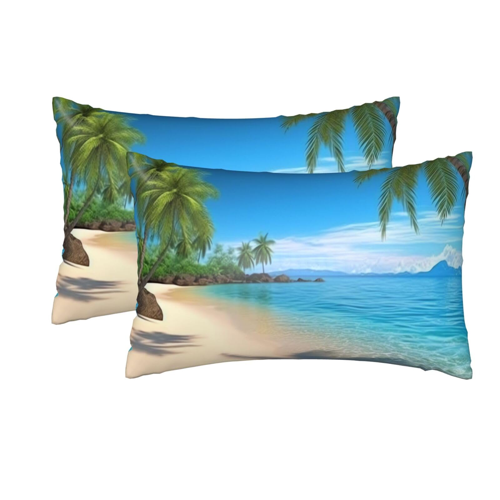 2 Pack Queen Silk Pillow Cases with Hidden Zipper, Luxury Soft Satin Pillow Covers for Hair and Skin, Hawaiian Beach with Palm Trees Pillowcases 20"x30" Bed Pillow Protectors Cover for Sleeping Gifts