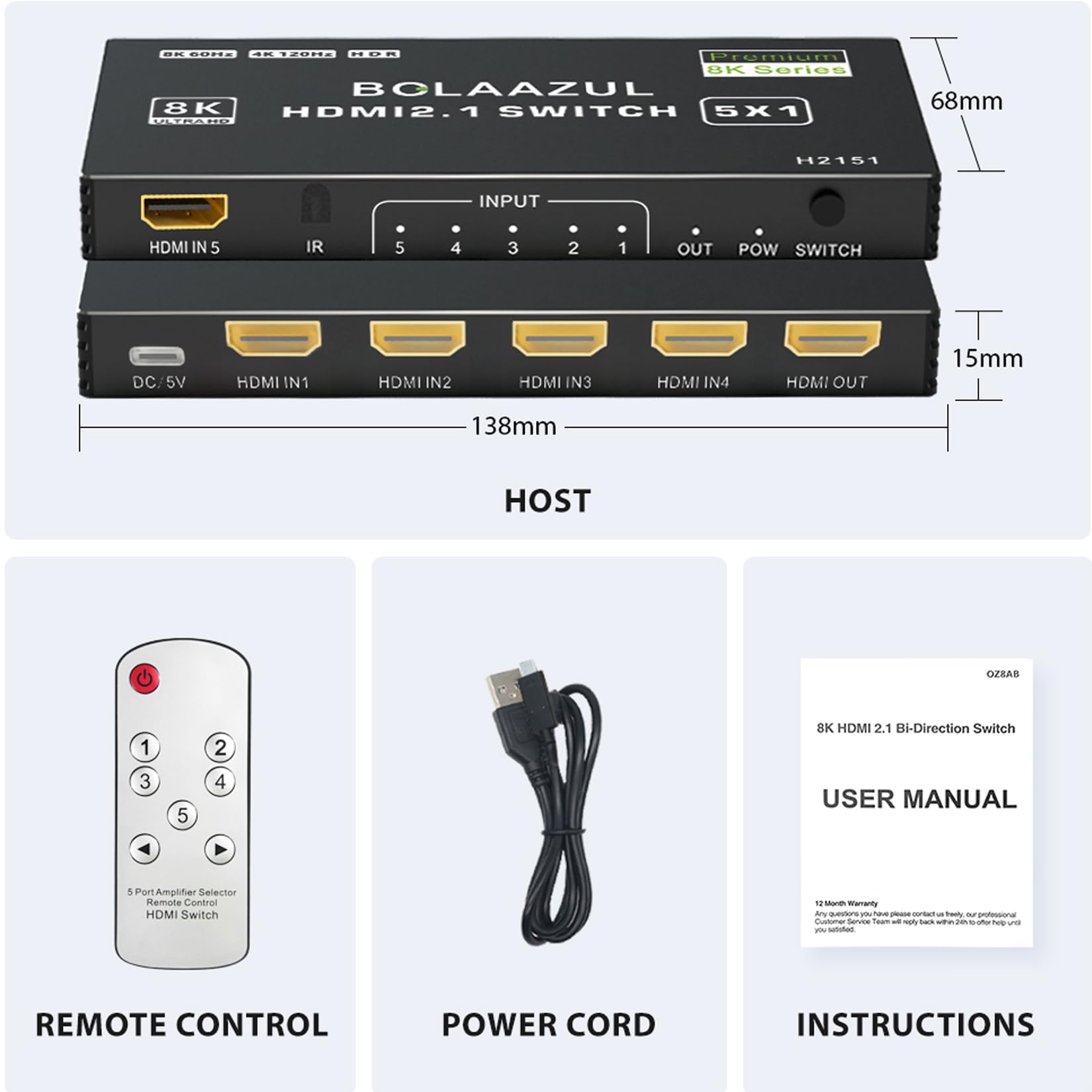 BolAAzuL Switch HDMI 4K 120Hz 5 Entrées 1 Sortie Commutateur HDMI 2.1 5x1 8K 60Hz/2K 144Hz Multiprise Multi Switcher avec IR Télécommande, Multi-Ports Switch Hub HDM I HDR, pour TV/Xbox Series X/PS5
