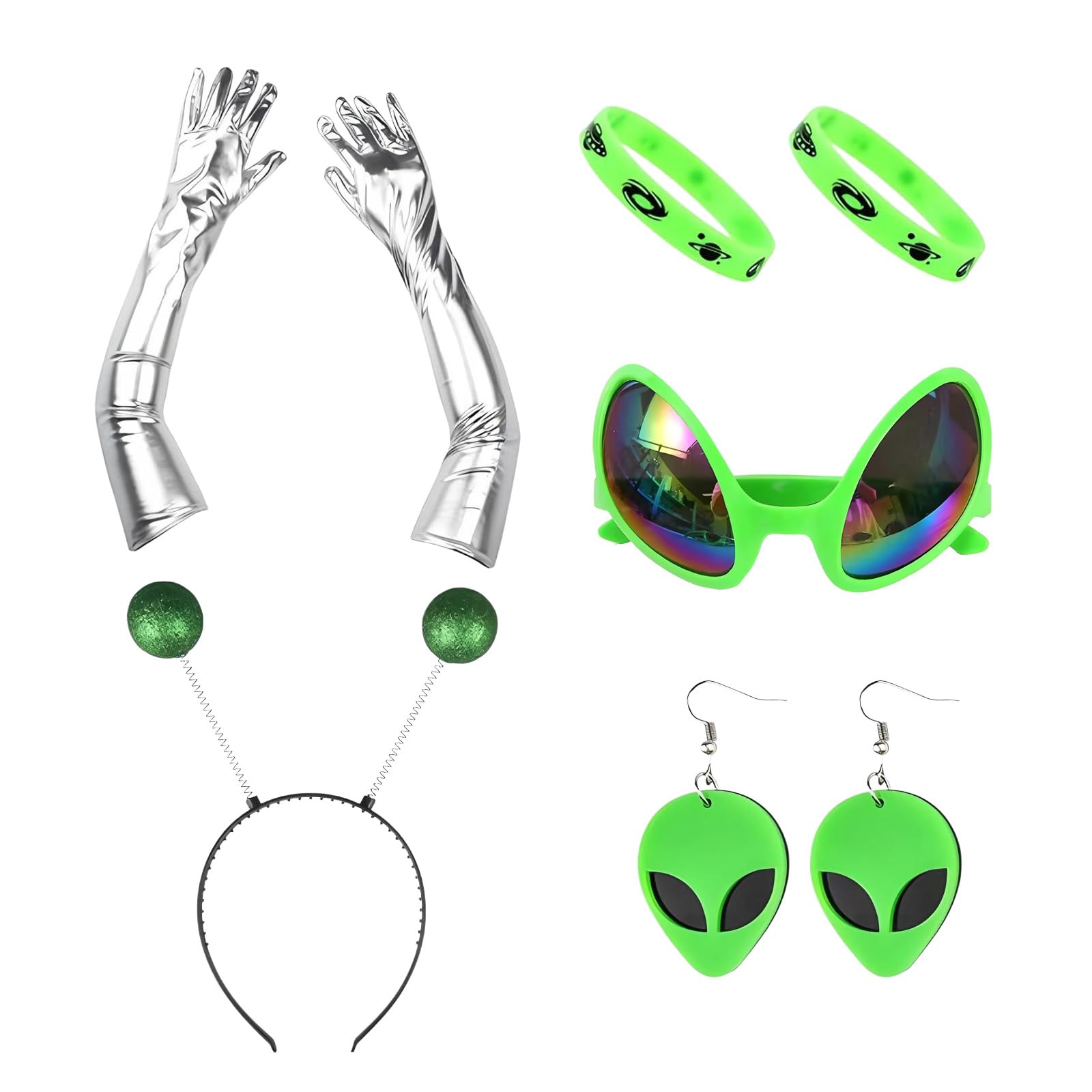 Ycfish 5 Pieces Alien Costume, Alien Costume Accessories, Alienes Antenna Headband, Glasses, Gloves, Aliens Earrings Necklace for Halloween Aliens Party Favor Supplies for Women Adult Accessories