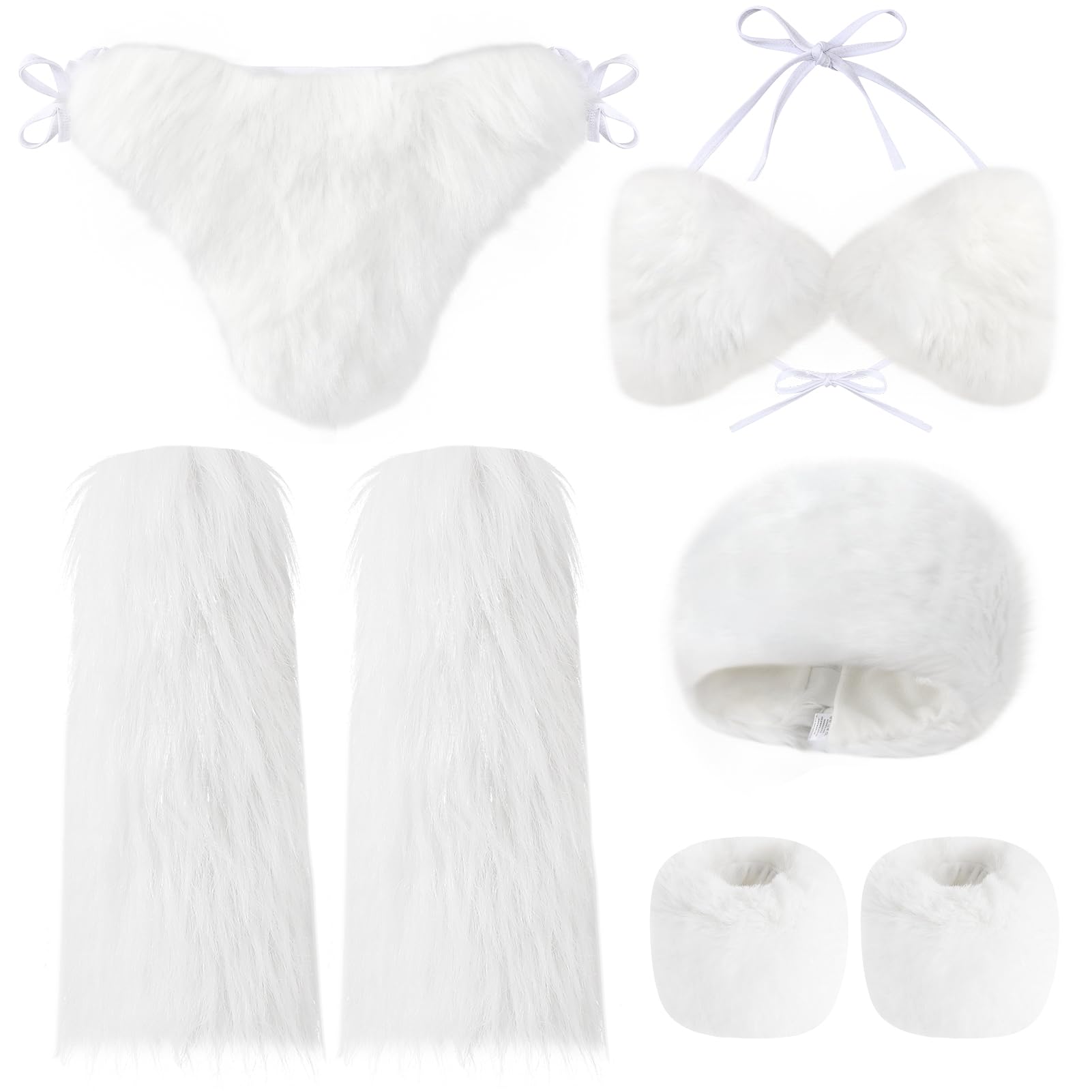 5Pcs Faux Fur Cuffs Furry Leg Warmers Bikini Bra Top Fur Headband Wrist Cuffs Bikini Panties Set Furry