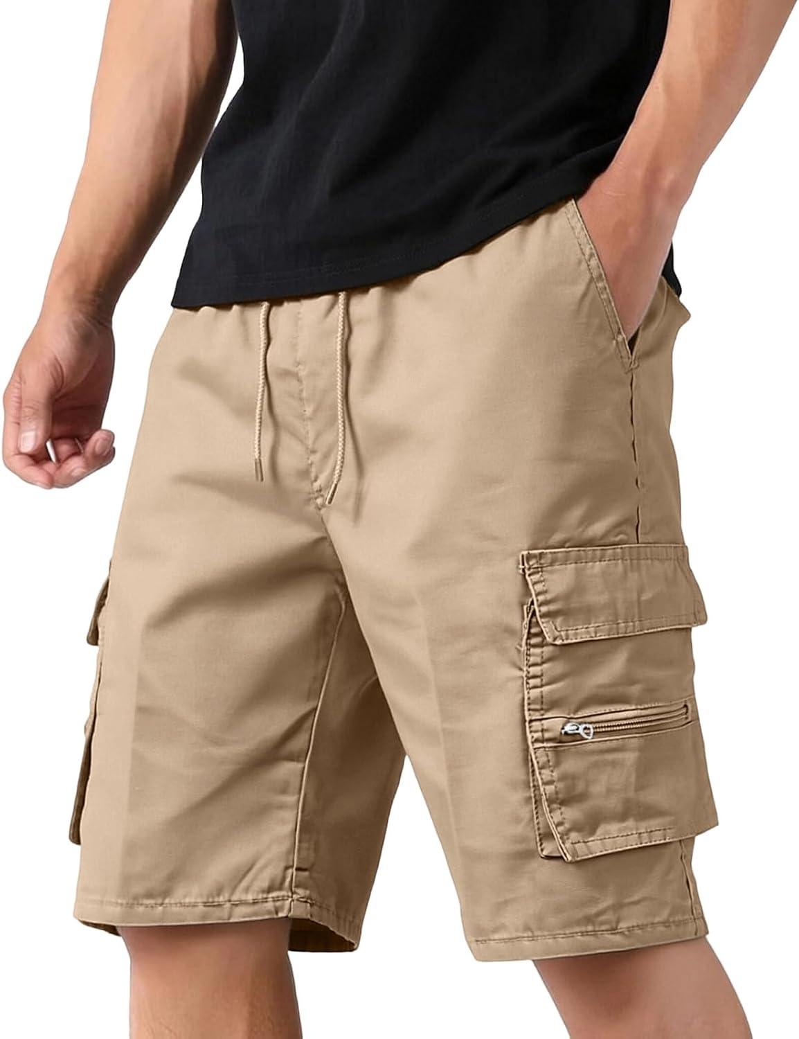 Men Drawstring Waist Cargo Shorts with Multiple Pockets Relaxed Fit Lightweight Fabric Outdoor Running Shorts