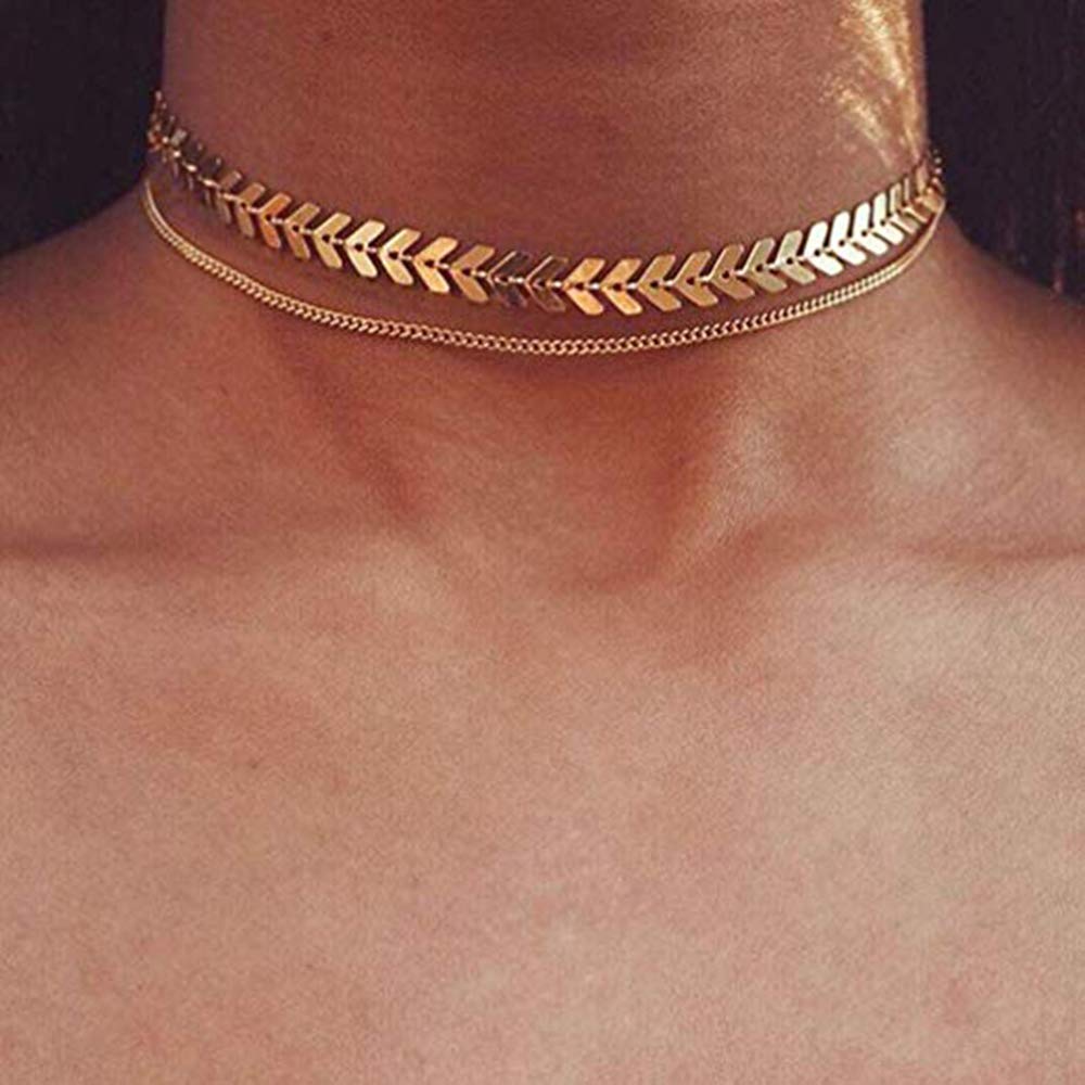 GoldenchenGoldenchen Fashion Jewelry Fishbone Airplane Leaf Two Layered Necklaces Chevron Chain Choker Necklace Flat Chain