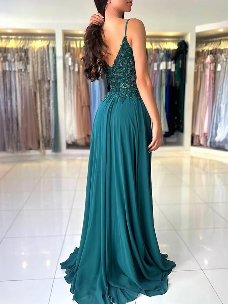 shownicer Abito Cerimonia Donna Vestito Lunghi Eleganti Matrimonio Abito da Sera in Chiffon Vita Alta Scollo A V Abiti in Pizzo Vestiti con Spacco