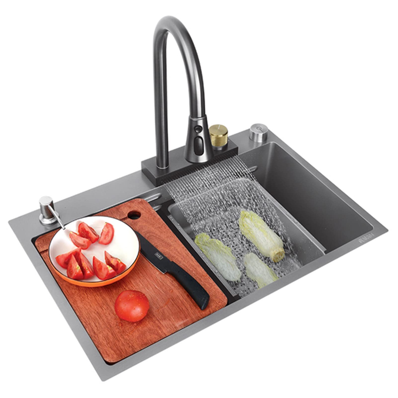 ZQFHSX Kitchen Sink 304 Stainless Steel Single Bowl With Cup Washer Workstation Pull-Out Faucet, Easy To Clean (Size : 75x45cm)