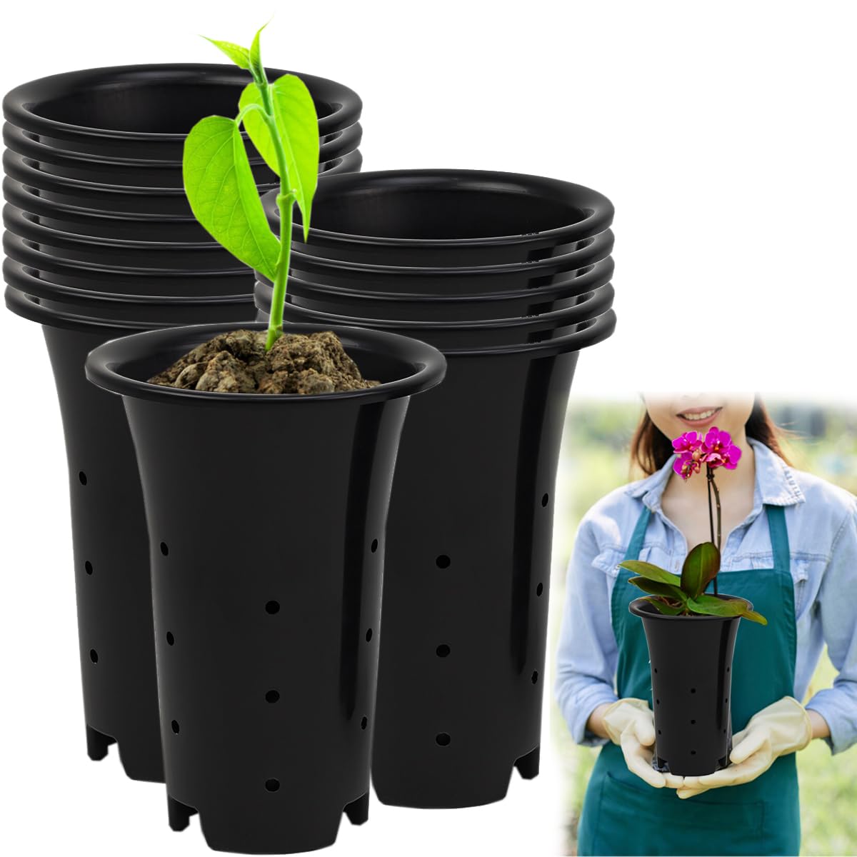 15 Pack Plastic Deep Plant Nursery Pots, Reusable 8.7" H Deep Tree Pots,Black Seedling Plant Container Pots with Drainage Holes for Indoor Outdoor Starting Seeds Gardening (15, Black)