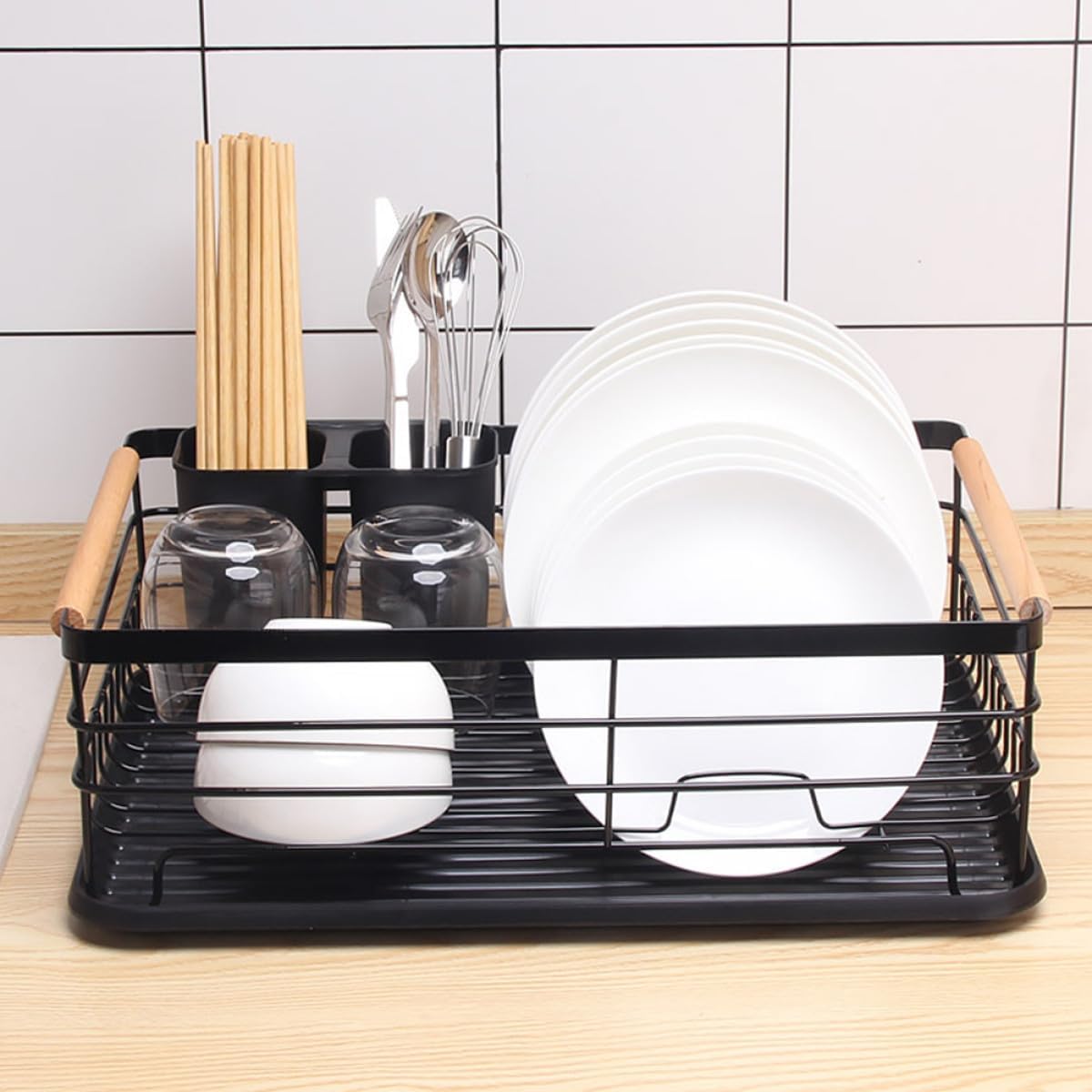 Kitchen Countertop Dish Rack and Bowl Organizer, Black Iron Drying Rack with Cutlery Holder, Compact Kitchen Sink Drainer for Home Dish and Utensil Storage