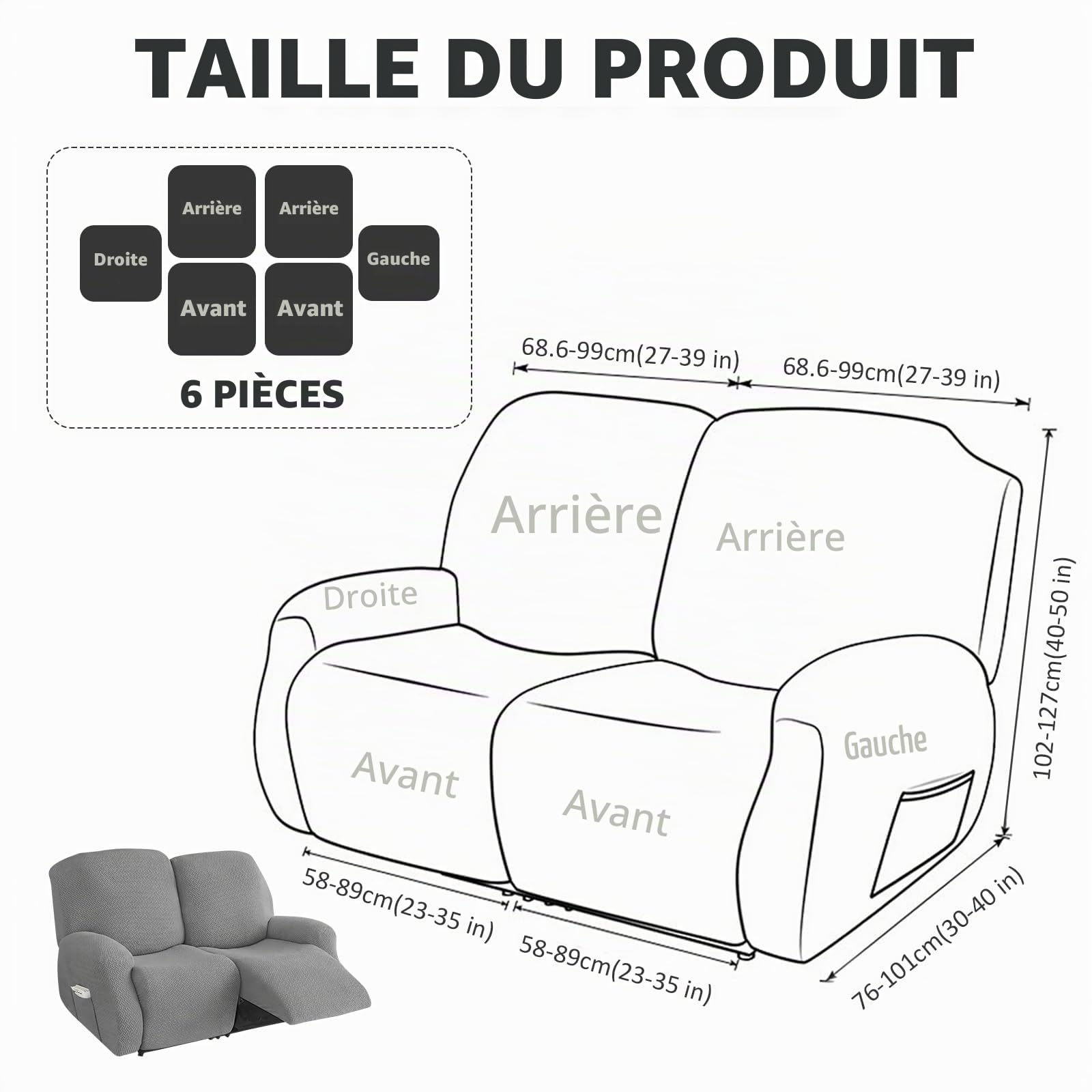 Housse Fauteuil Relax 2 Places,Housse de Fauteuil Extensible avec Poches, Housse Canapé Relax Jacquard Rayé Tout Compris, Protège Fauteuil pour Fauteuil Inclinable (Gris Clair, 6 Pièces)