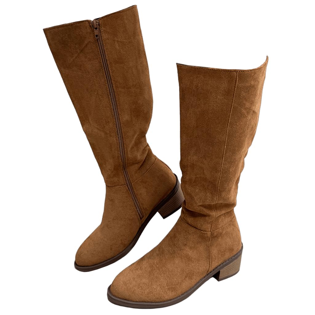 DINTAHA Faux Suede Knee High Chunky Boots Low Heel Wide Calf Fall Winter Boots with Zip Up