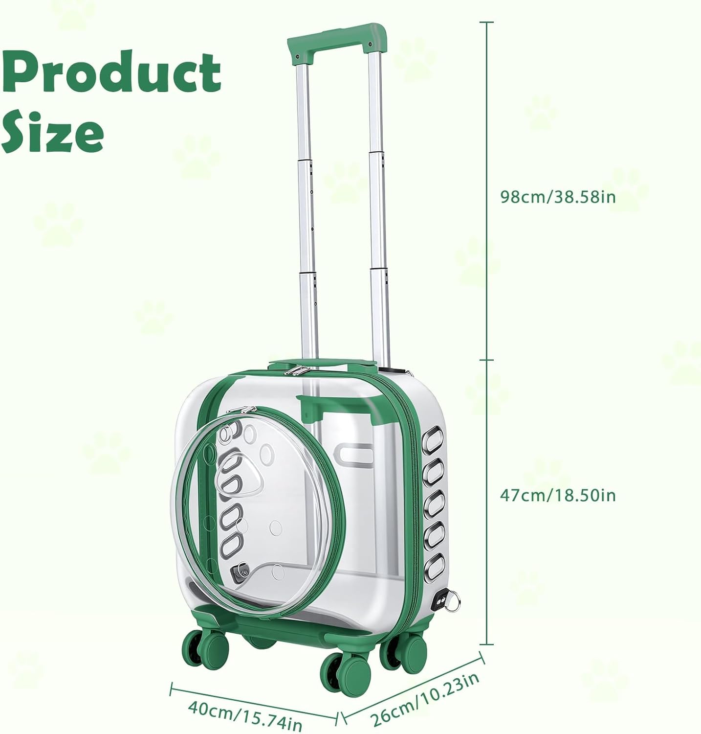 Cat Carrier with Wheels, Cat Bubble Backpack Carrier Hard for Travel, Rolling Pet Carriers with Silent Casters, Telescopic Handle & Detachable Shoulder Strap Green