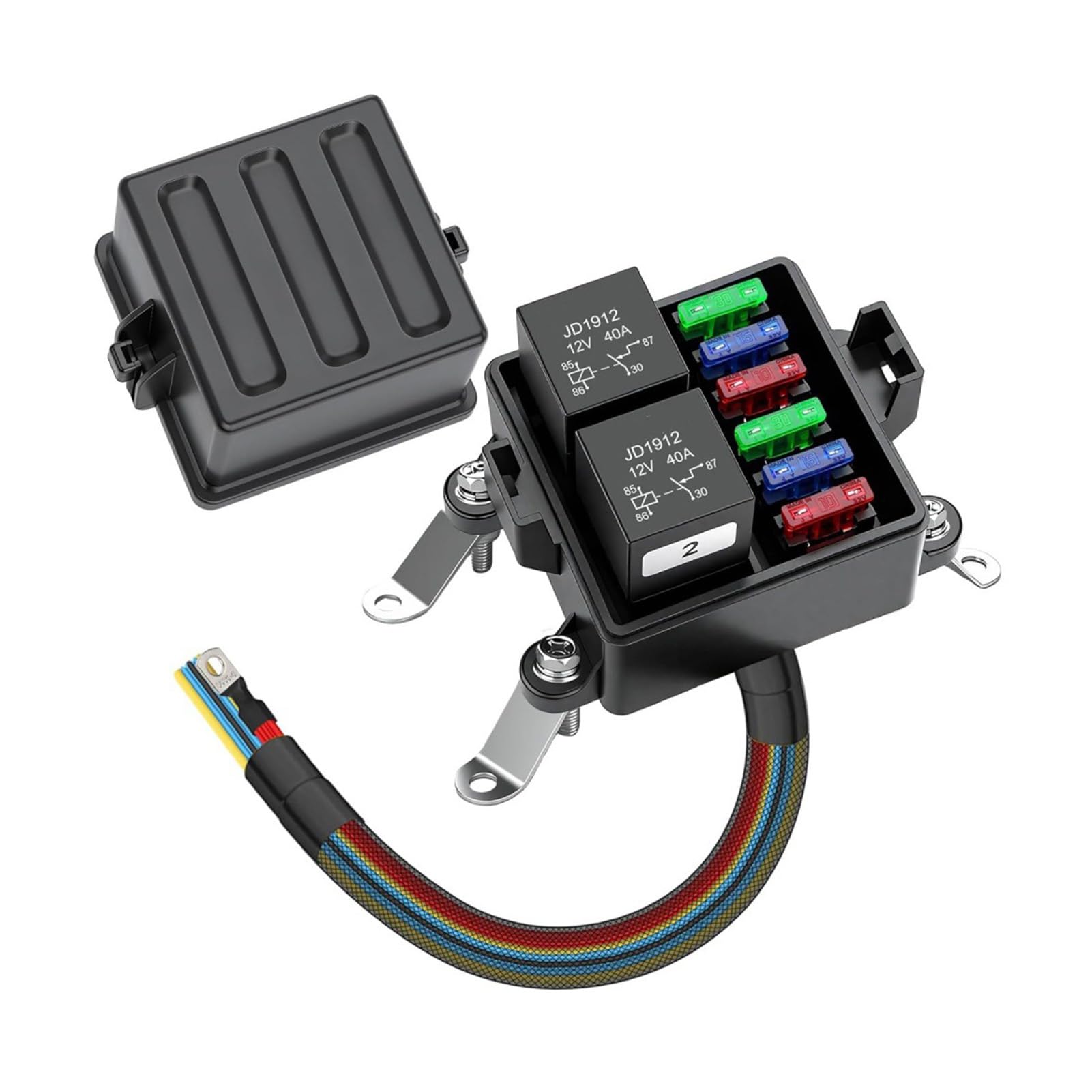 Caja de fusibles y relés de nailon resistente para automóviles, con cables codificados por colores y 6 ranuras para fusibles para una fácil instalación. Relé automotriz 6 ranuras / / 2 relés