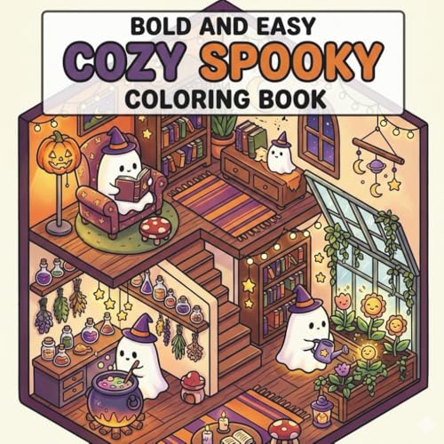 Bold and Easy Cozy Spooky Coloring Book: 40 Isometric Tiny Haunted Rooms and Witchy Spaces: Cute Ghost Aesthetic Designs for Adults with Black-Backed Pages to Prevent Bleed-Through image 2