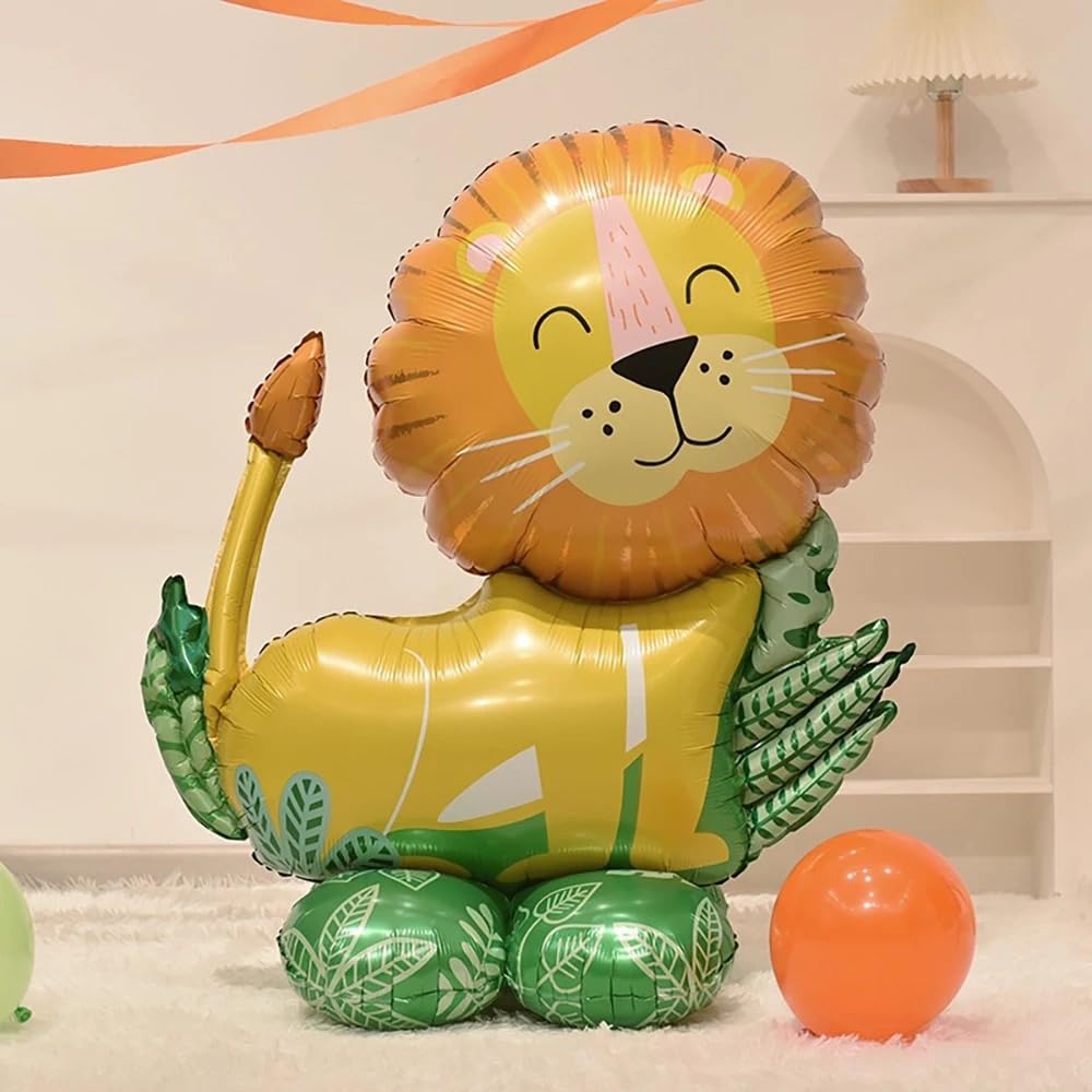 Atpata Funky Cute Lion Roar into Celebration Foil Balloon - Self-standing, Pointy Tail, Leaf Print Base for Jungle Safari, Animal Theme Parties, and Navratri Jai Mata Di Decorations!