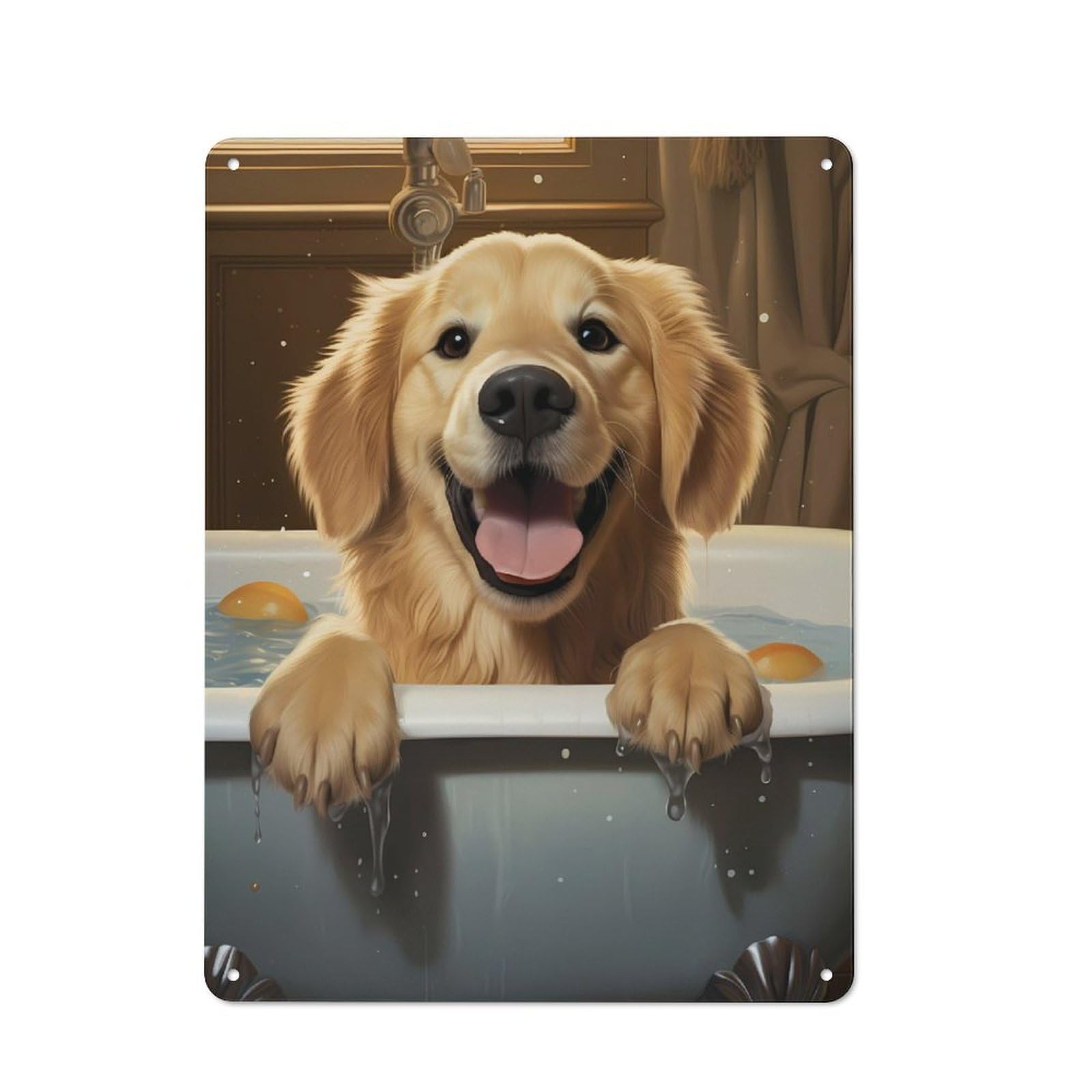 Junmoney Golden Retriever Bathtub Tin Wall Plaque 40X30cm With For Bar Or Restaurant, Autumn Wall Decor For Hospitality Decor Collectors