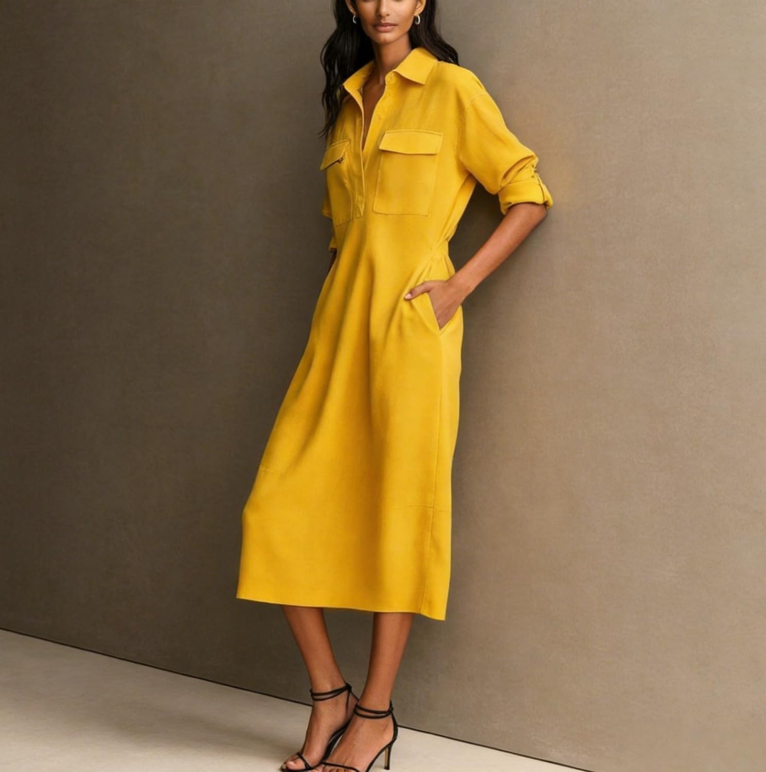 Vestido Midi Elegante para Mujer: Mezcla de Algodón y Lino, Cuello Camisero, Manga Corta, Escote en V con Solapas y Bolsillo