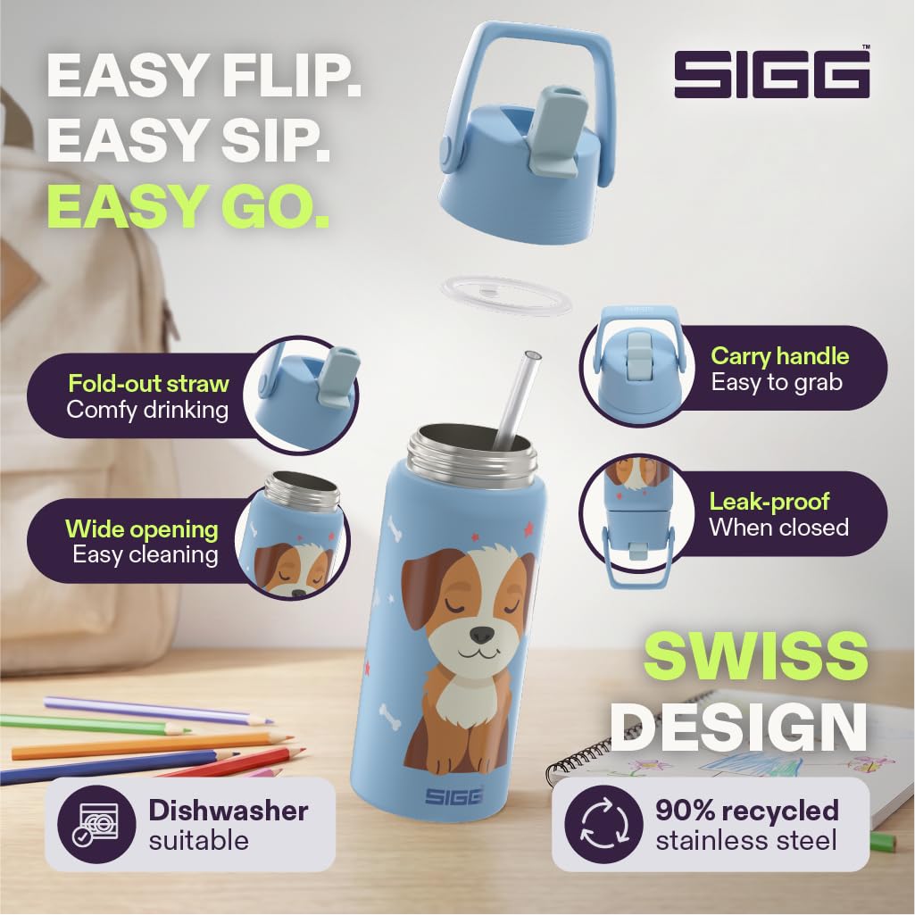 SIGG - Botella Aislada para Niños - Shield Therm FLIP Dream Big - A prueba de fugas - Apta para lavavajillas - Sin BPA - 90% acero inoxidable reciclado - Deporte y Escuela - Azul con Perro - 0.5L