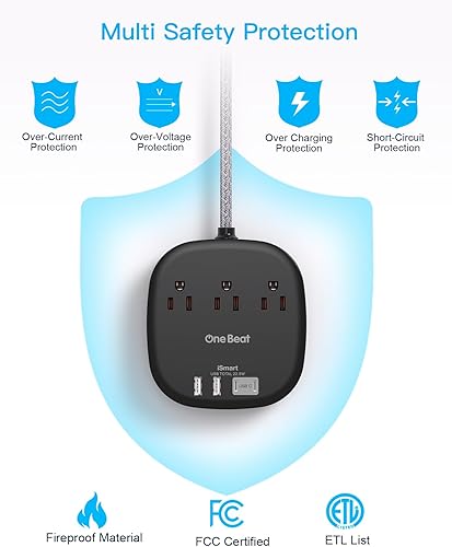Miniatura 7 de Regleta de alimentación de enchufe plano de 10 pies, cable de extensión plano ultrafino, 3 tomas, 4 puertos USB (2 USB C), estación de carga de