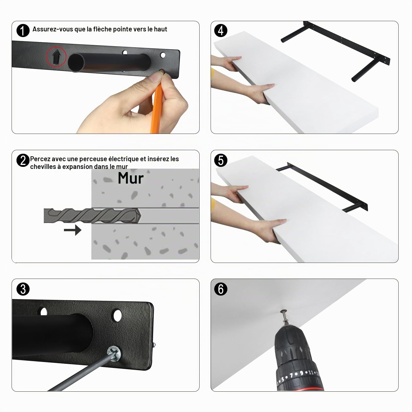 eSituro Lot de 4 Étagères Murales, Étagère Flottante, en MDF et Métal, avec Support Invisible, pour Chambre, Salon, Bureau, Cuisine, Blanc, 30x22,9x3,8cm