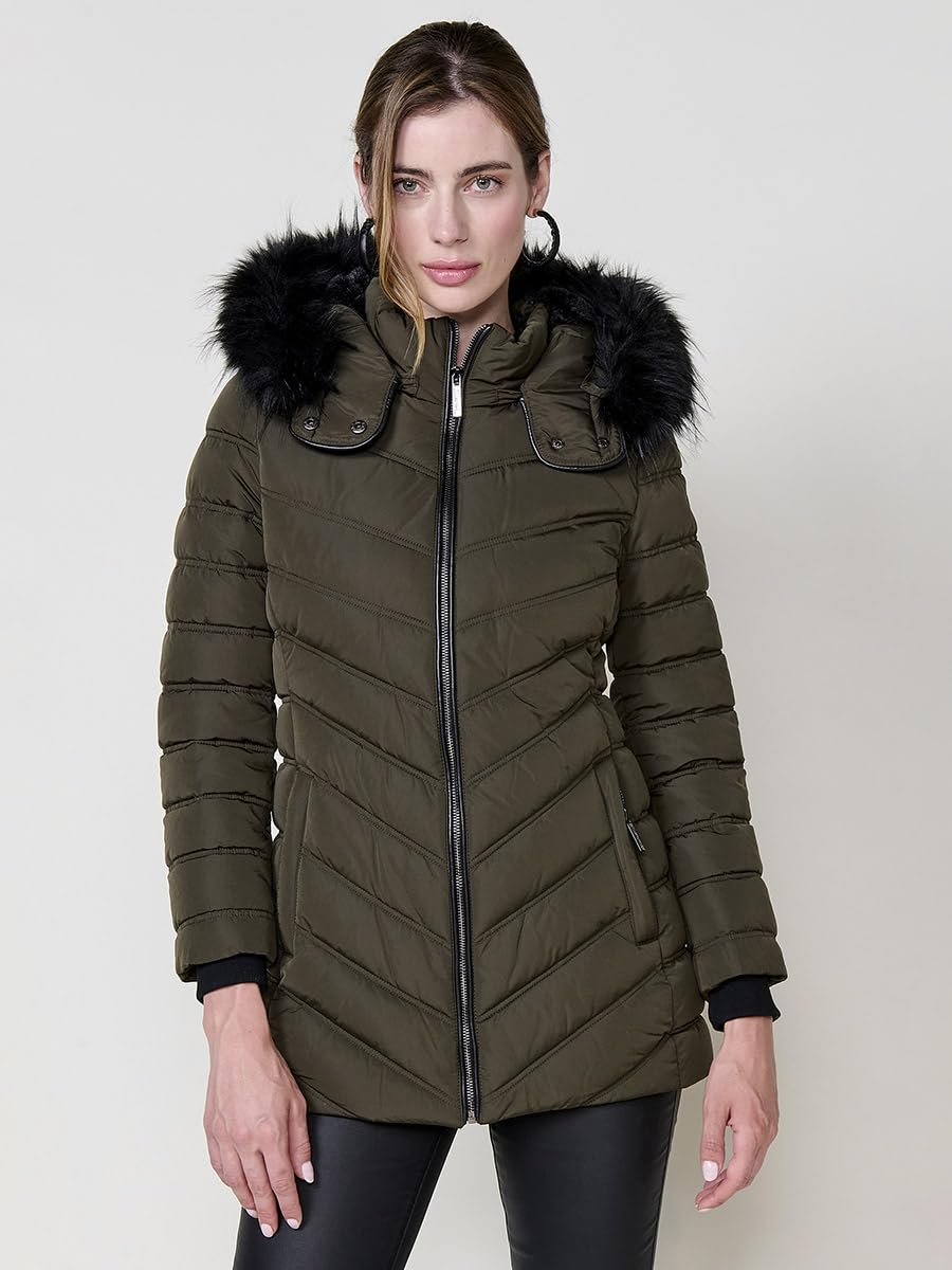 Koroshi Chaqueta Plumífero Larga Acolchada Mujer Capucha Pelo Extraíble