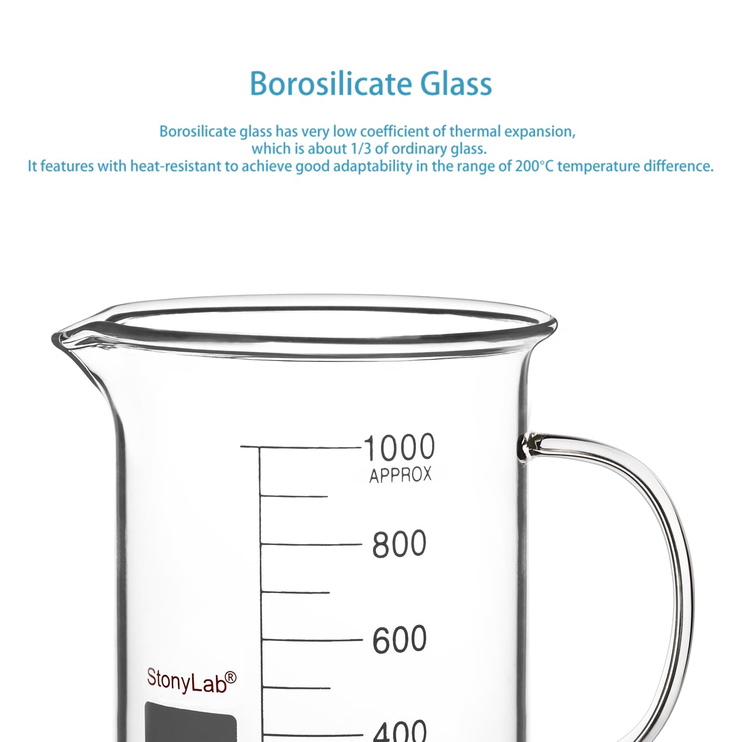 stonylab Bicchiere in Vetro con Manico, Bicchiere Graduato in Vetro Borosilicato Griffin a Forma Bassa con Manico e Beccuccio per Versare, 1000 ml