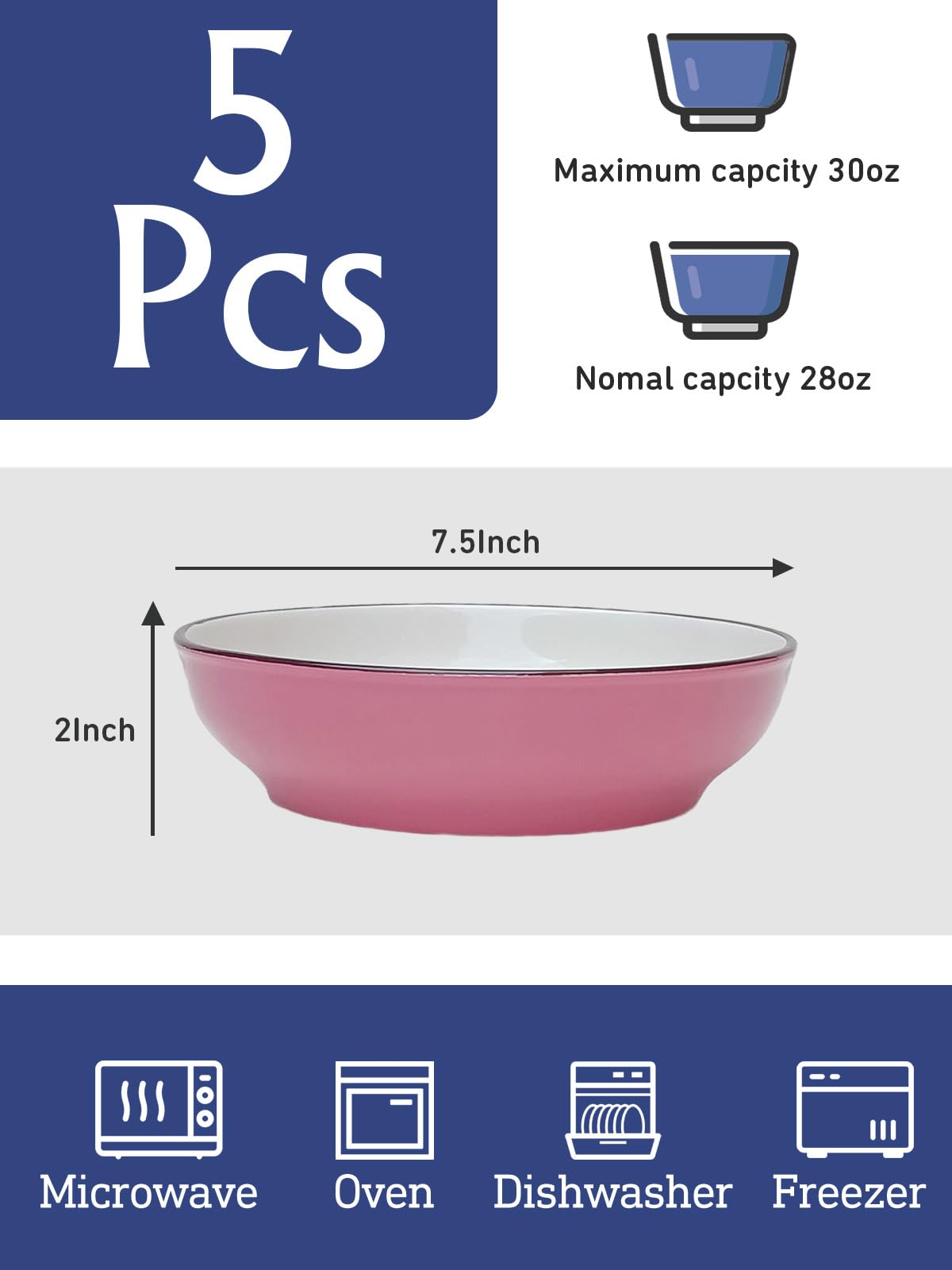 JDZTC Pasta Bowls, Set of 5, 30 Ounce Ceramic Serving Bowls for Dishwasher & Microwave Safe, 7.5 Plates for kitchen —Soup Bowl, Salad Bowl— Easy to Clean & Stackable, Simple Classic