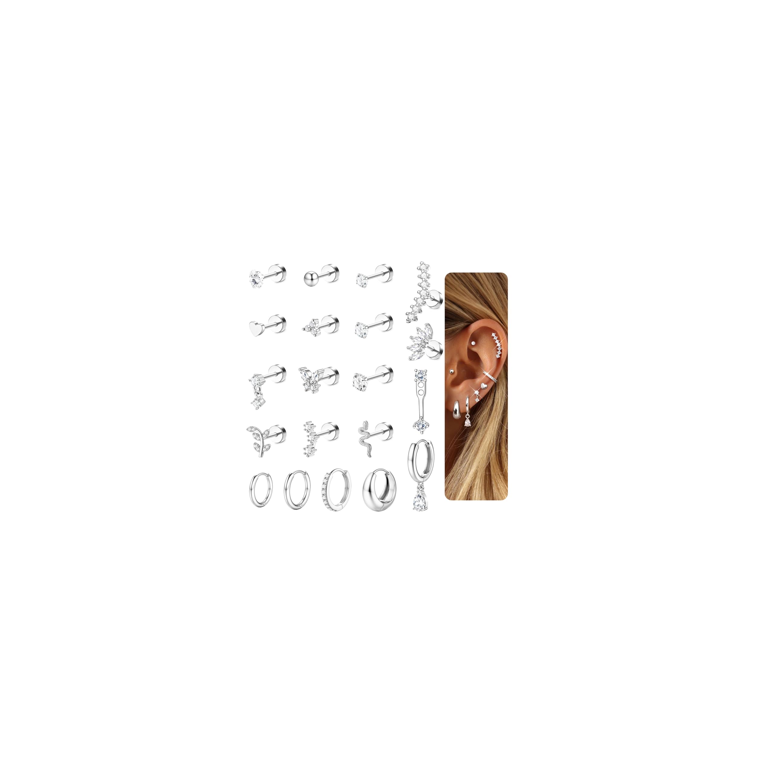 LOLIAS 20 sztuk kolczyków typu helix ze stali chirurgicznej, kolczyki damskie, płaskie, z płaskim zamknięciem, kreolki, kolor złoty, srebrny, conch, helix, tragus, biżuteria do uszu