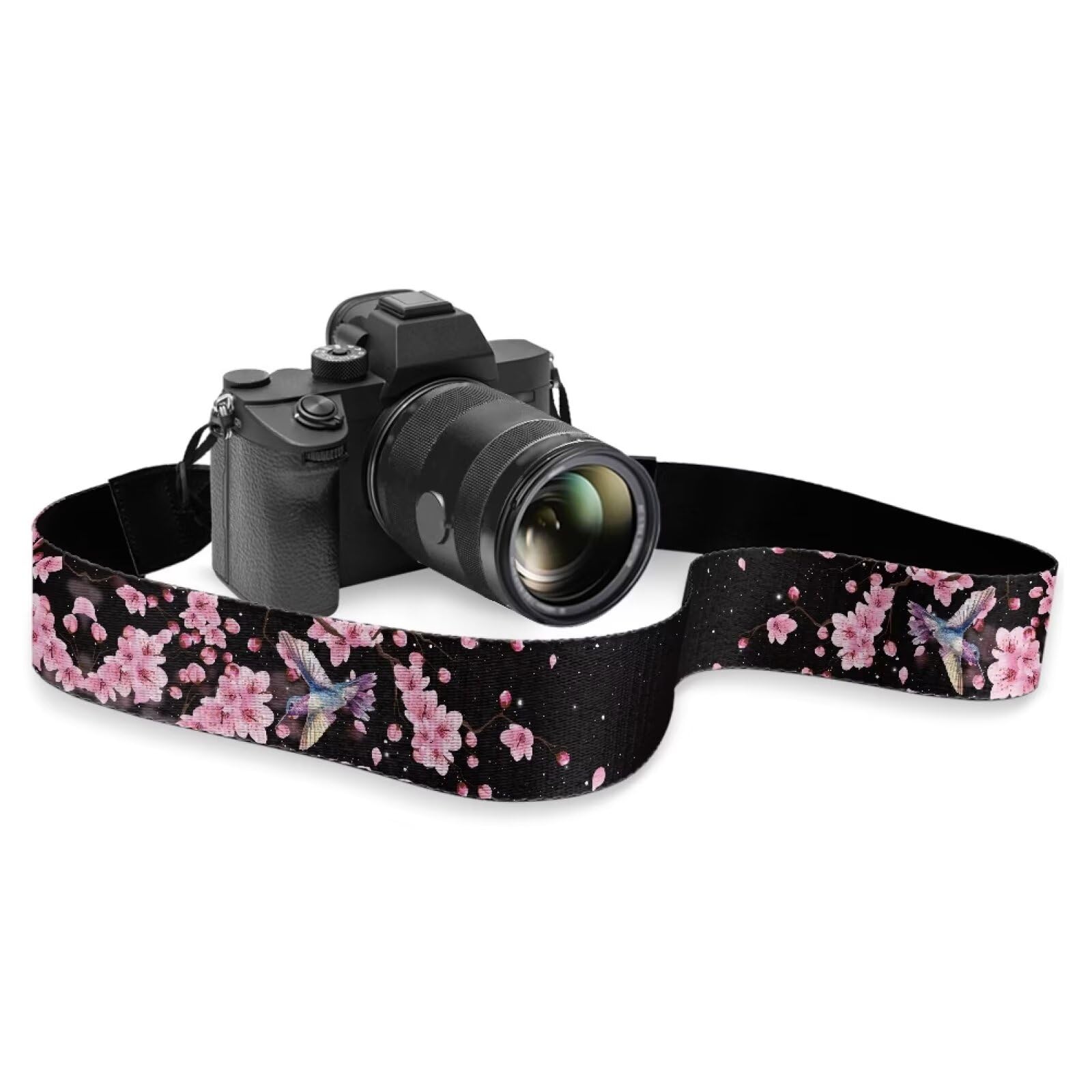 GLENLCWE Hummingbird Cherry Blossom Wide Camera Strap for Men Women Adjustable Neck Shoulder Strap Replacement Belt with Buckles for Cameras