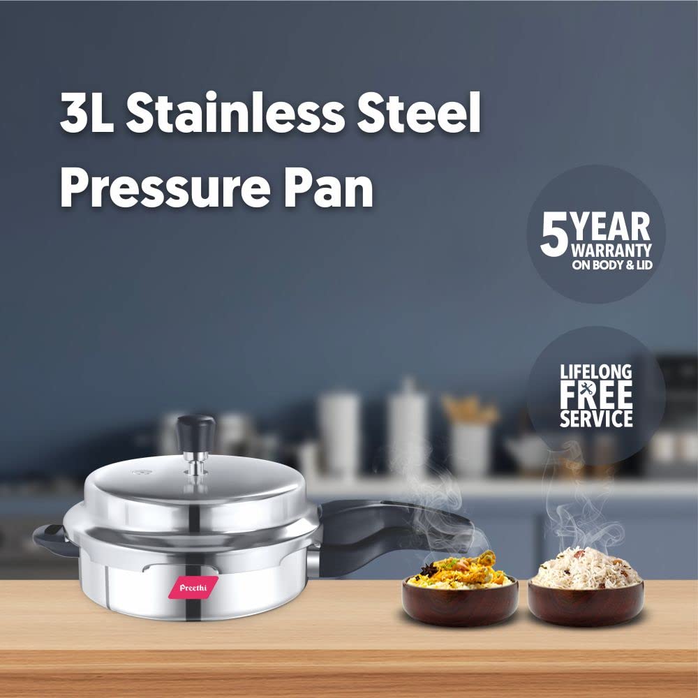 Preethi Induction Base Stainless Steel Outer Lid Pressure Pan, 3 Litres, Silver