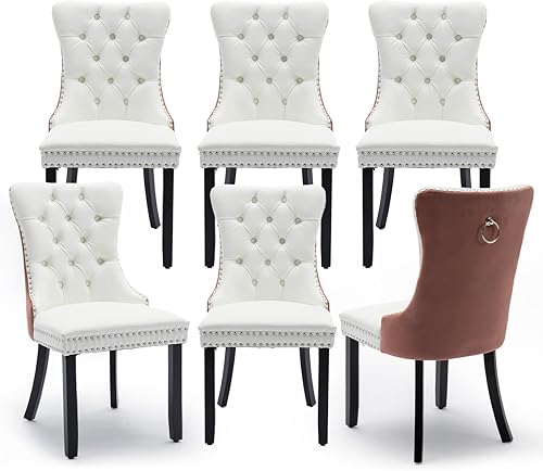 Miniatura 129 de Juego de 6 Sillas de Comedor Tapizadas en Terciopelo, Sillas Laterales de Cocina de Estilo Moderno con Ribete de Tachuelas y Patas de Madera, Anillo