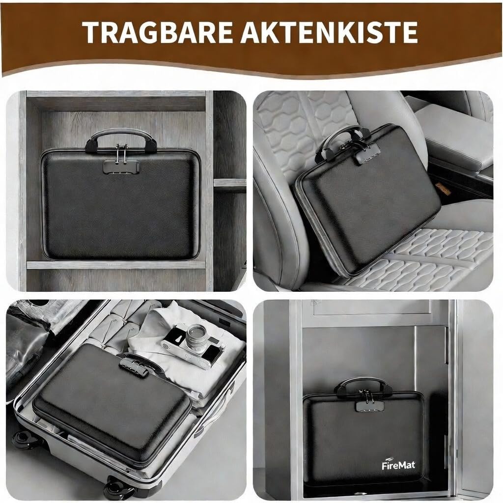 FireMat Feuerfeste Dokumentenmappe mit Hartschale – Aufbewahrungsbox mit Zahlenschloss, wasserfest, 13 Fächer, UL-94 zertifiziert, für A4 Dokumente, Pässe & Laptop (28,5 x 38,5 x 7,5 cm)