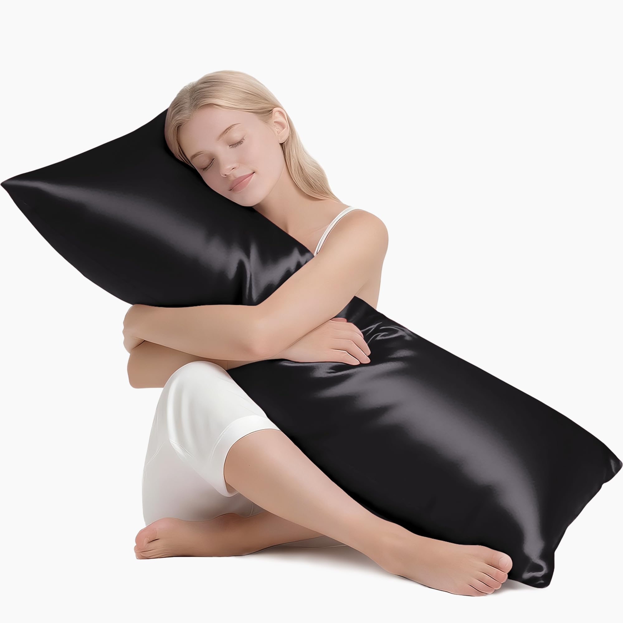 MR&HM Satin Body Pillow Pillowcase, 20x54 inches Body Pillow Cover with Envelope Closure, Silky Slip Cooling Pillow Cases for Hair and Skin (20x54, Black)