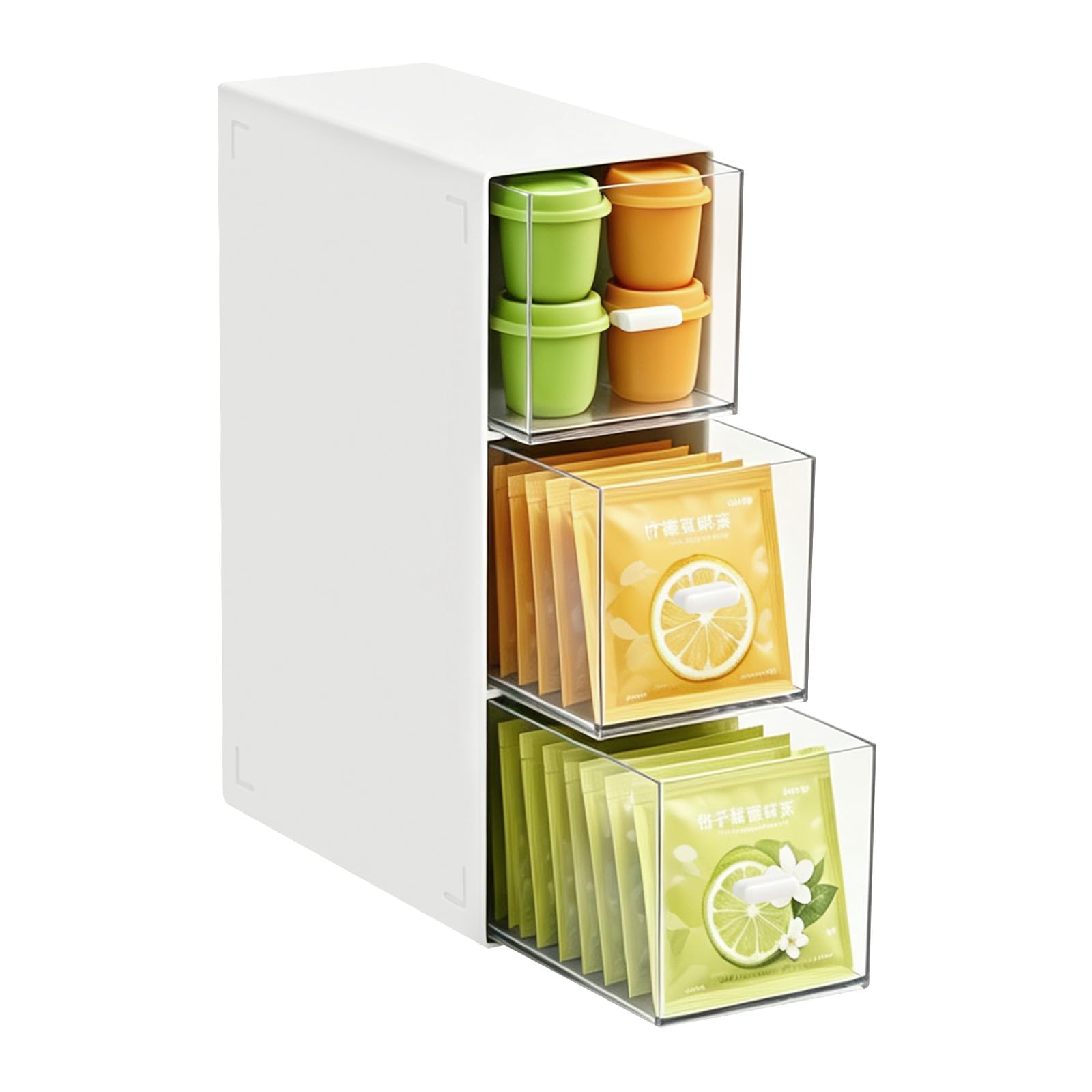 LZLINGMEI 3 Tier Plastic Tea Box, Easy Access Tea Box Organiser, 3 Drawers Tea Bag Holder Organizer for Cosmetic Sugar Coffee Sachets Pantry Caddy (White)