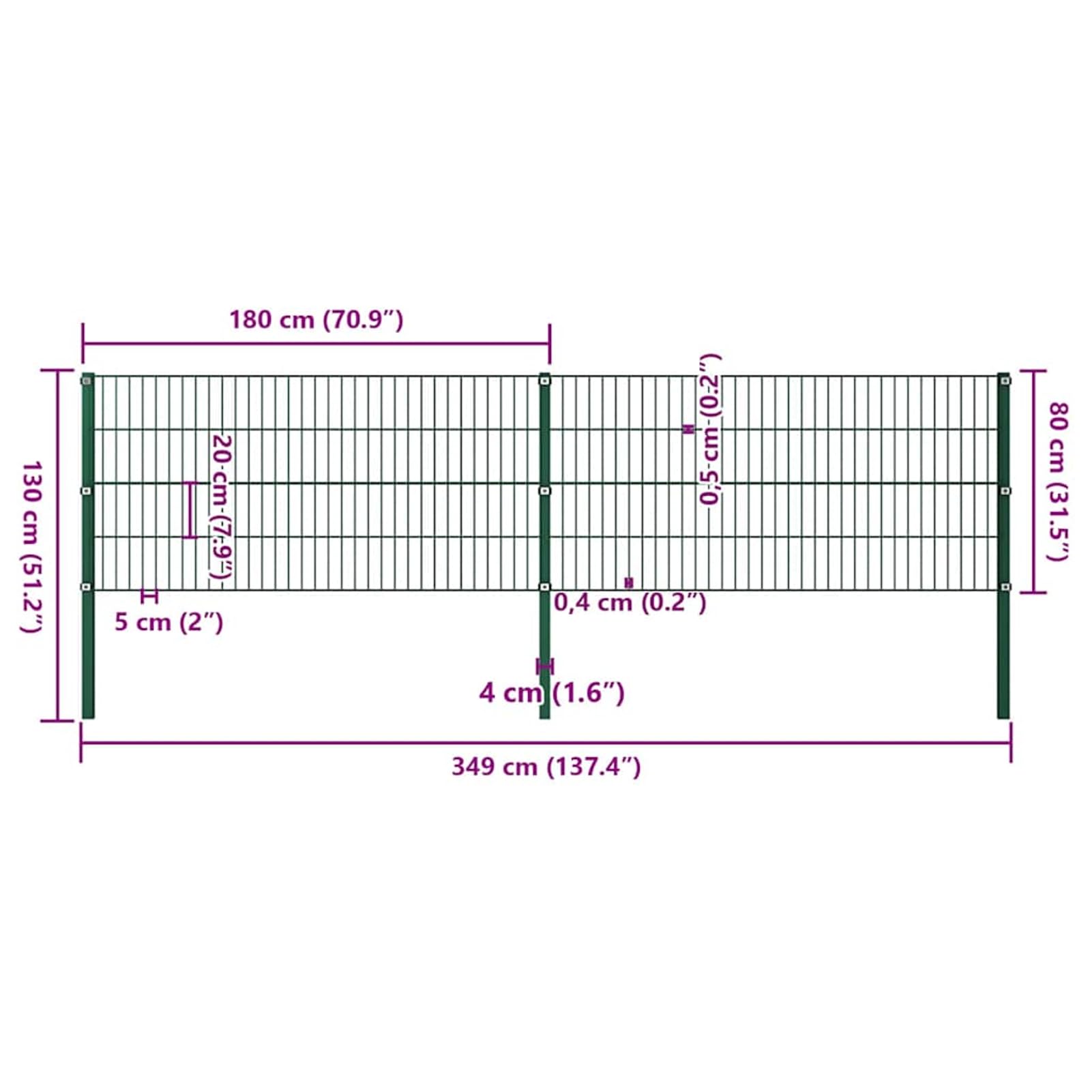 Element ogrodzenia, żelazny, zielony, 349 x 80 cm – odporne na warunki atmosferyczne maty z podwójnym prętem z 4 polami ogrodzenia (1,65 x 0,4 m) i 3 słupkami (4 x 4 cm, 130 cm), malowane